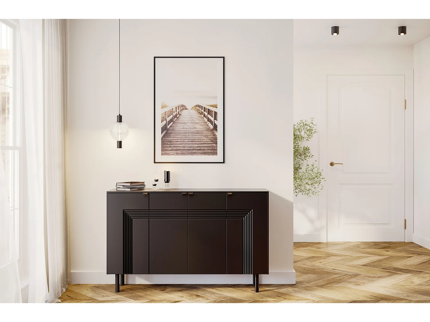 Sideboard Yoko, schwarz, mit dekorativen fronten und goldgriffen