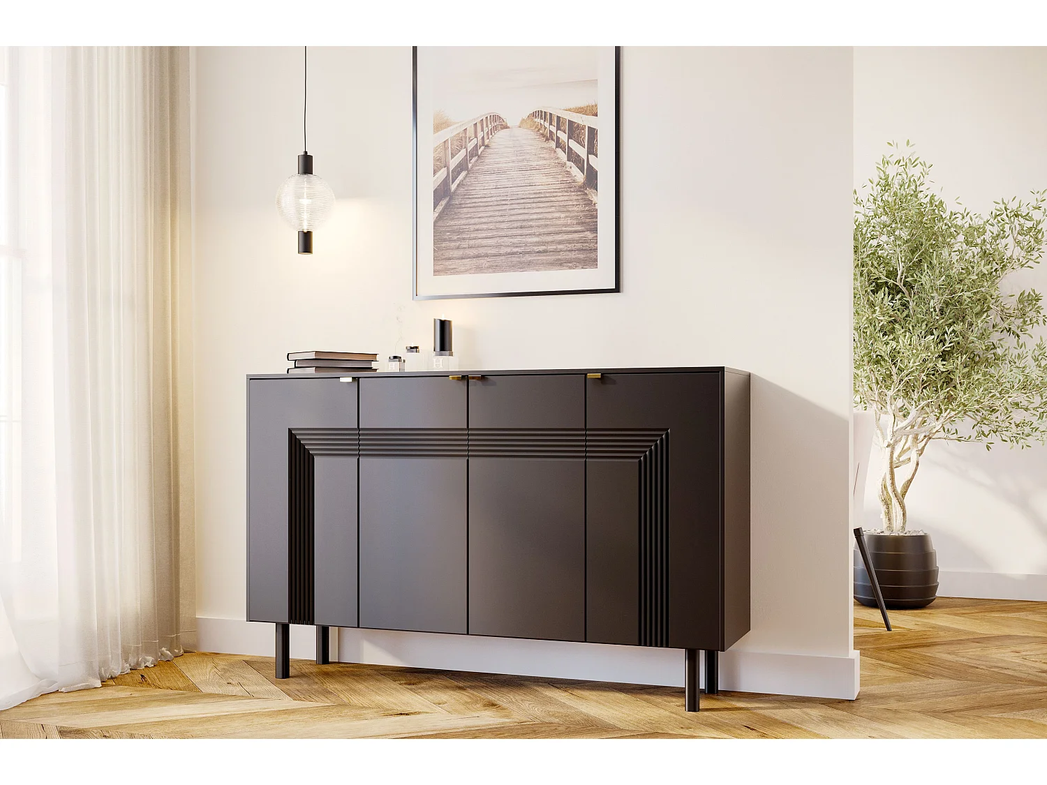 Sideboard Yoko, schwarz, mit dekorativen fronten und goldgriffen