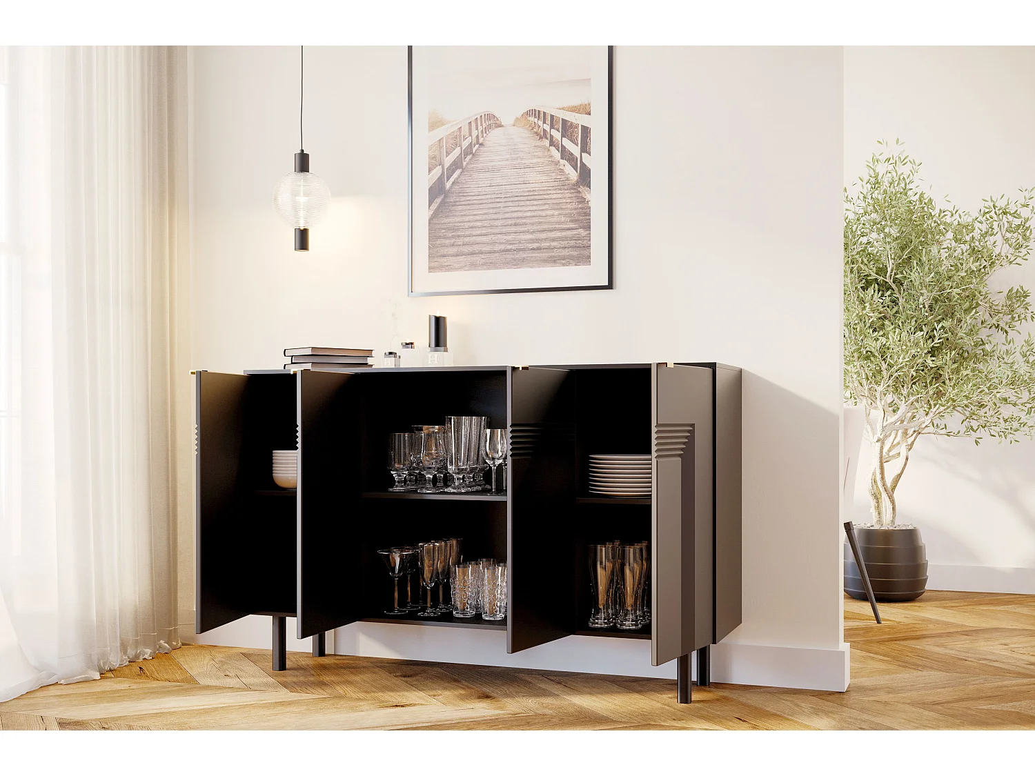 Sideboard Yoko, schwarz, mit dekorativen fronten und goldgriffen