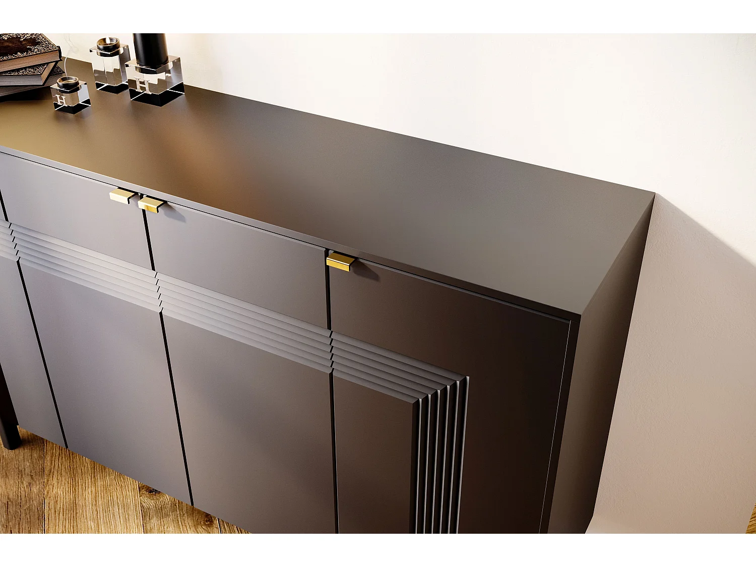 Sideboard Yoko, schwarz, mit dekorativen fronten und goldgriffen