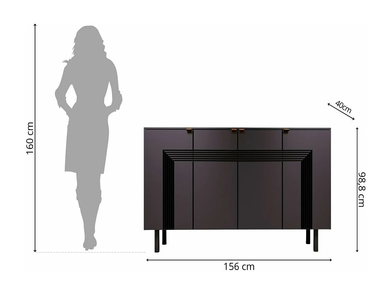 Sideboard Yoko, schwarz, mit dekorativen fronten und goldgriffen