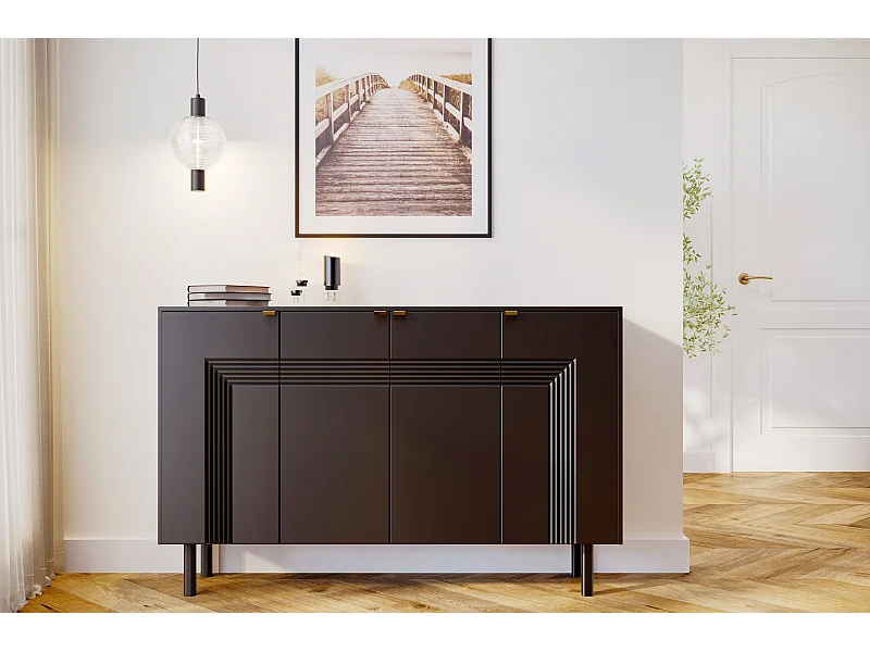 Sideboard Yoko, schwarz, mit dekorativen fronten und goldgriffen