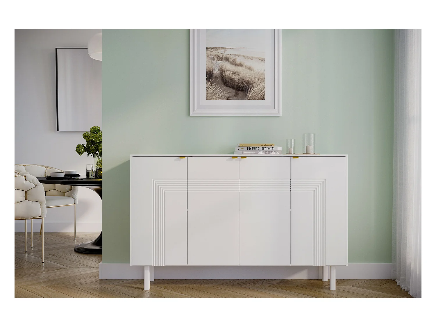 Sideboard Yoko, weiß, mit dekorativen fronten und goldgriffen