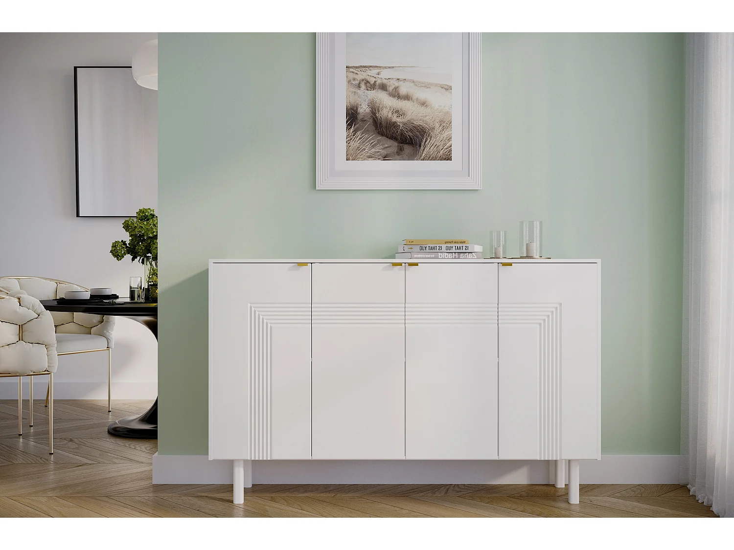 Sideboard Yoko, weiß, mit dekorativen fronten und goldgriffen