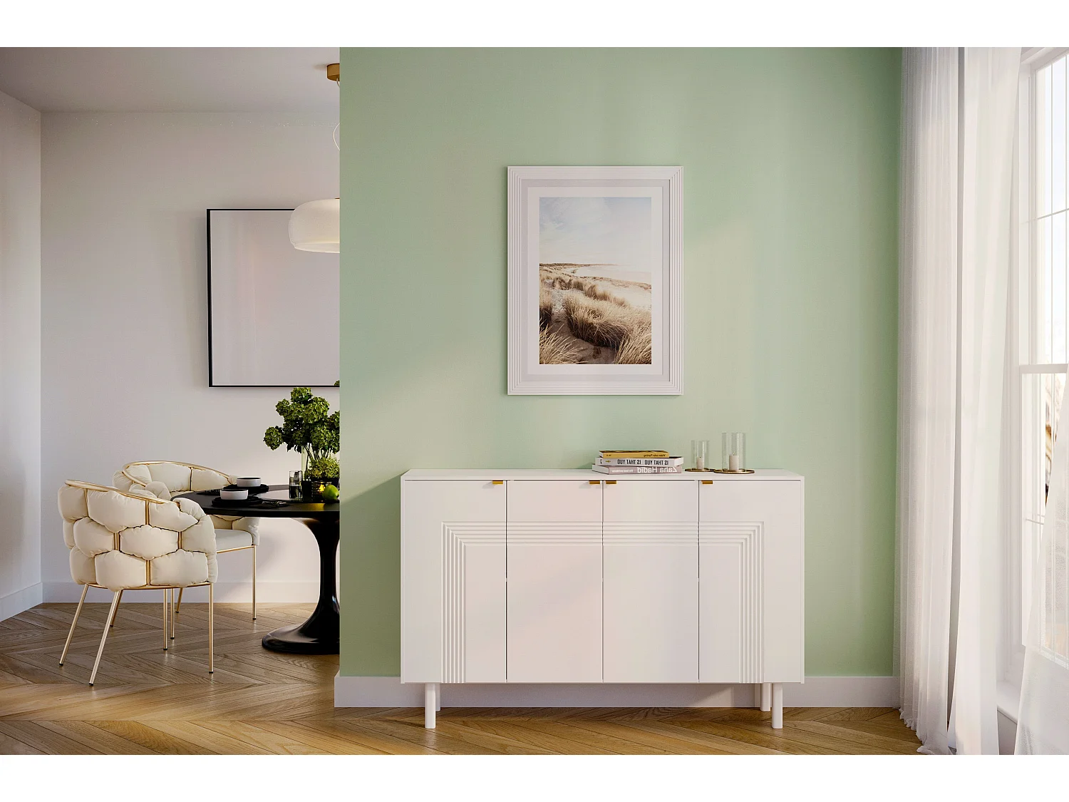 Sideboard Yoko, weiß, mit dekorativen fronten und goldgriffen