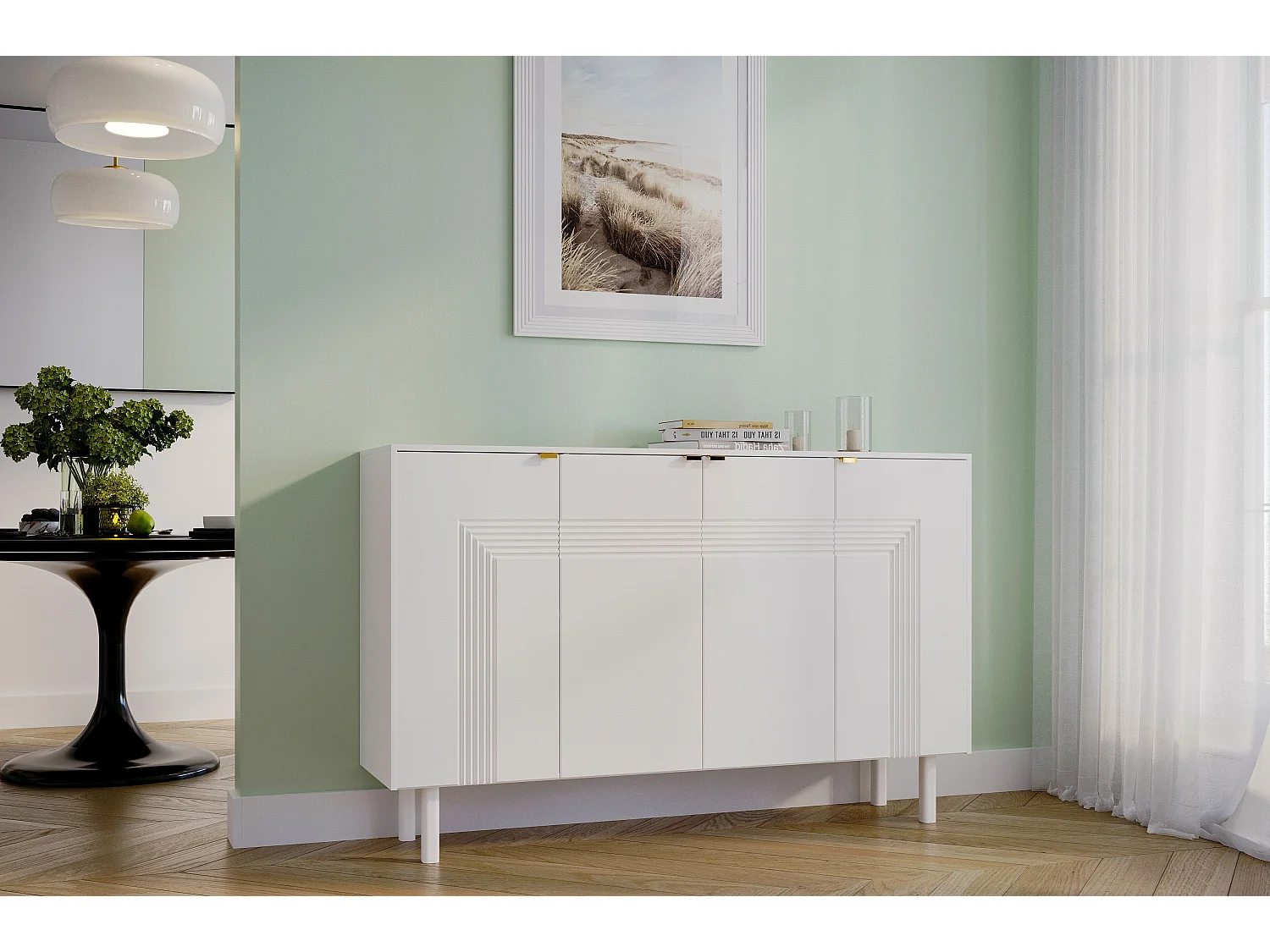 Sideboard Yoko, weiß, mit dekorativen fronten und goldgriffen