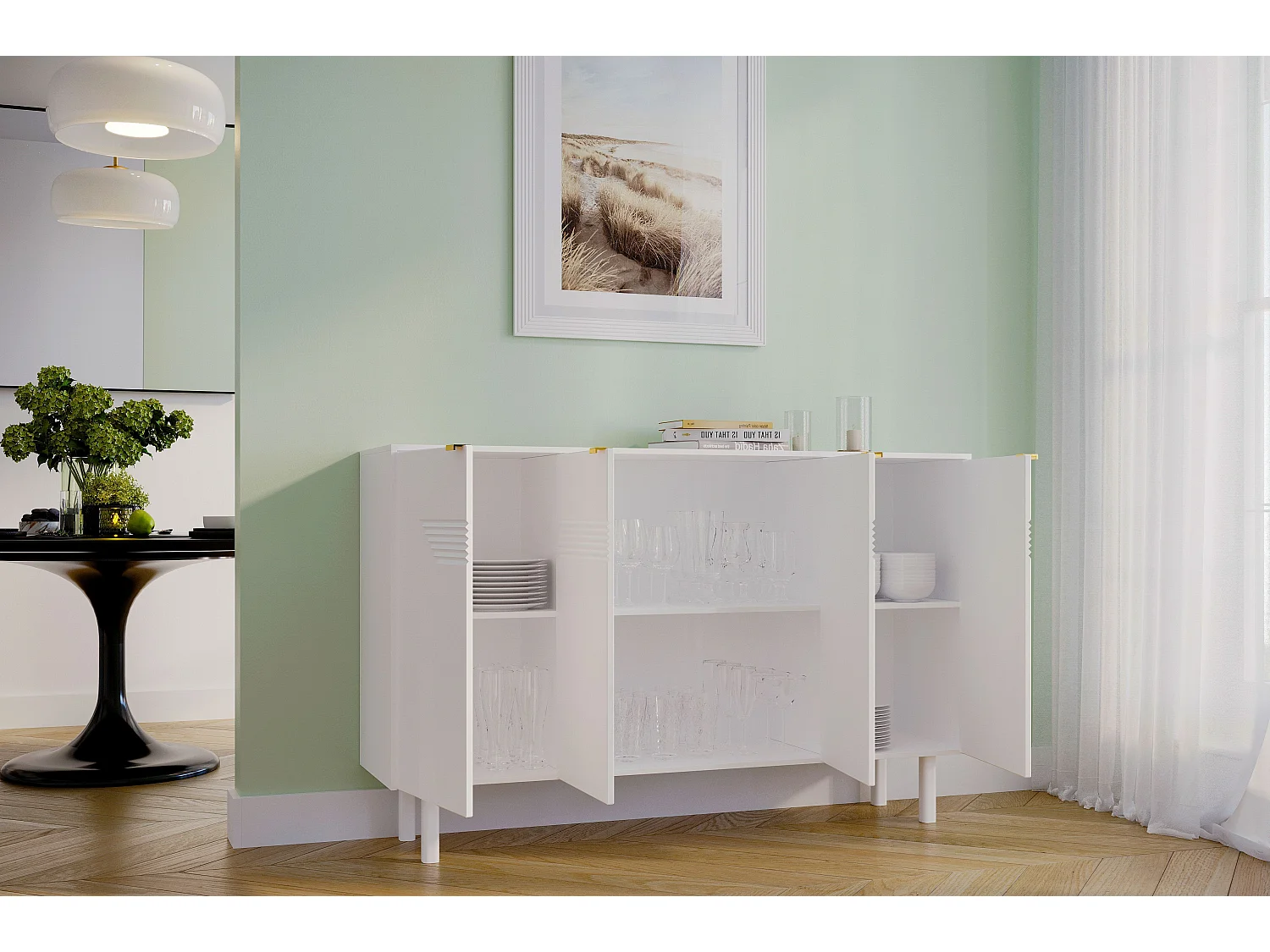 Sideboard Yoko, weiß, mit dekorativen fronten und goldgriffen