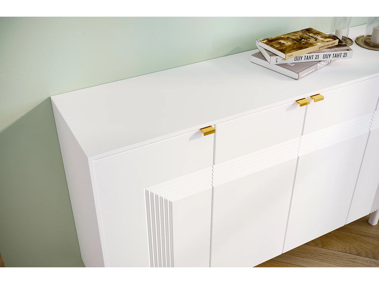 Sideboard Yoko, weiß, mit dekorativen fronten und goldgriffen