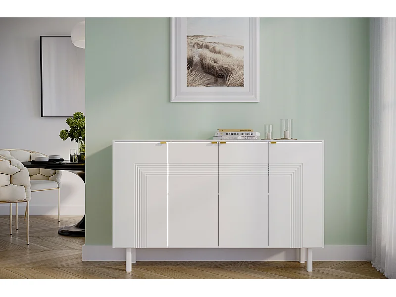 Sideboard Yoko, weiß, mit dekorativen fronten und goldgriffen