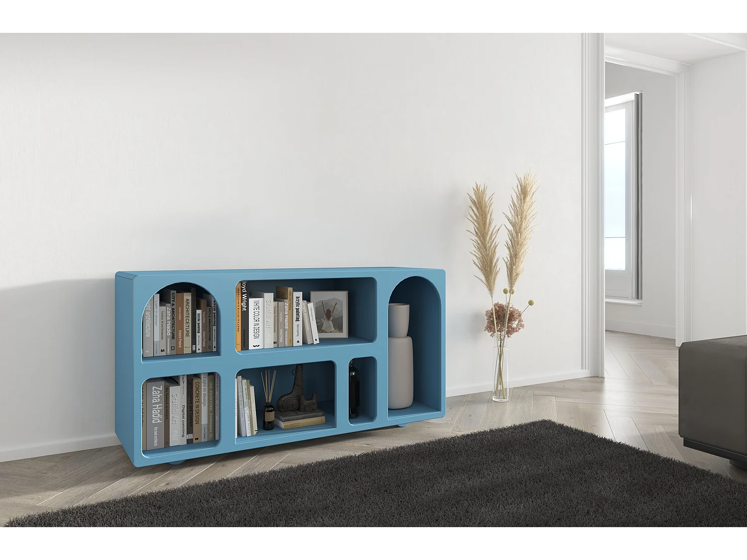 Drewniana komoda z łukami Visby OLIMPIA LONG / niebieska