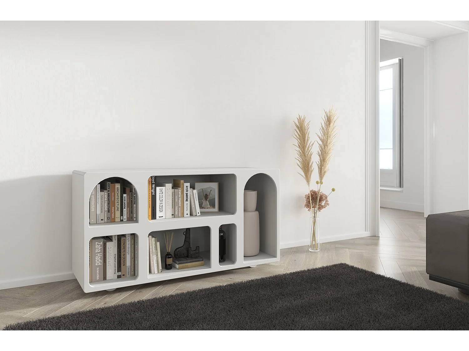 Drewniana komoda z łukami Visby OLIMPIA LONG / mleczno-szara