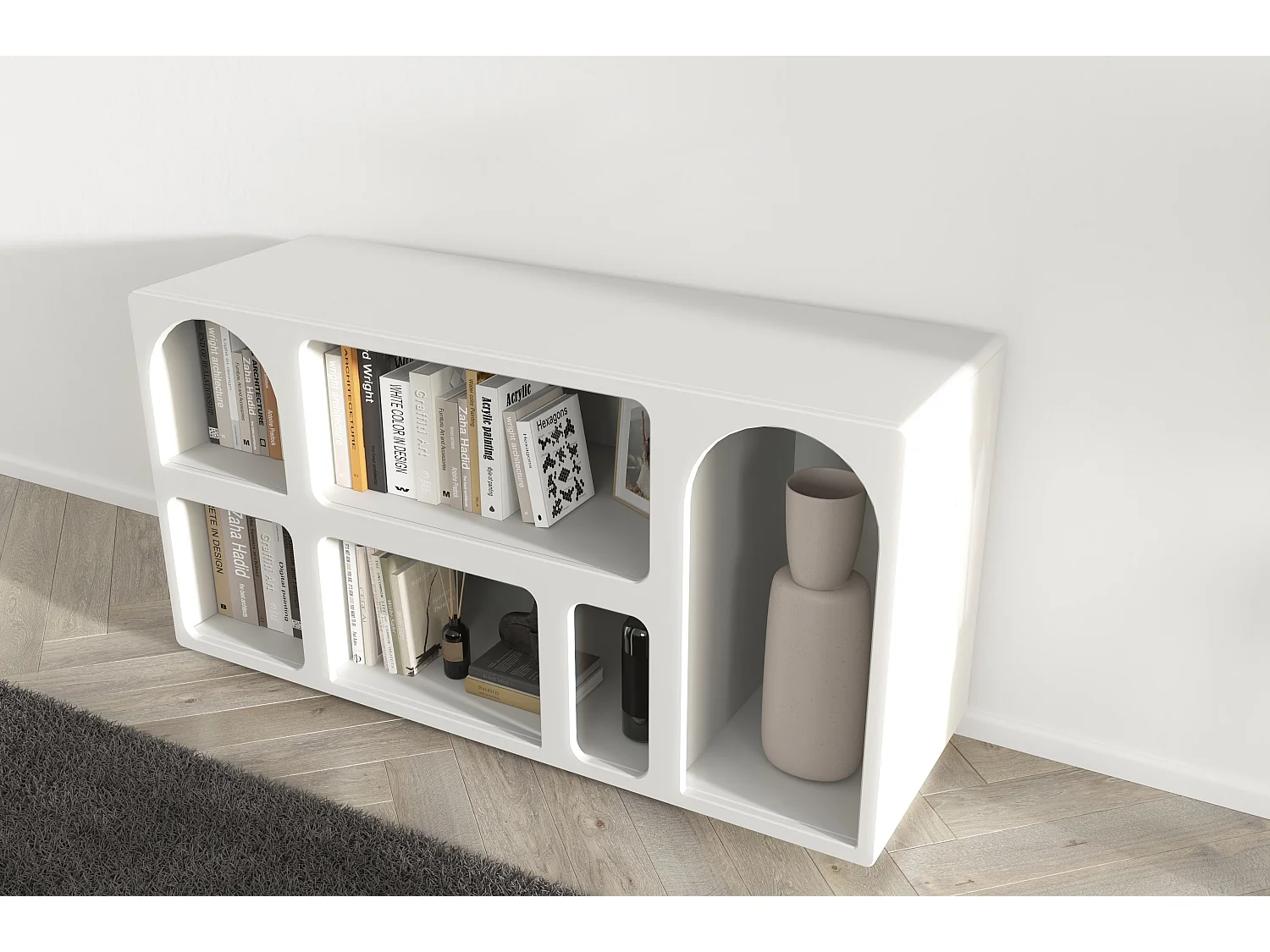 Drewniana komoda z łukami Visby OLIMPIA LONG / mleczno-szara