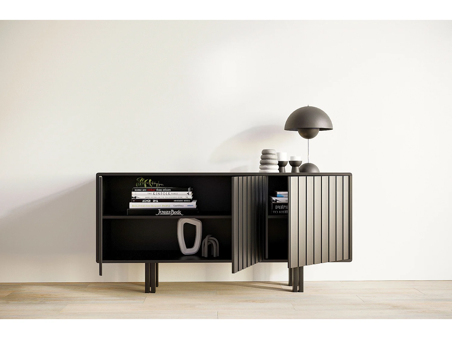 Sideboard Vigge, schwarz, push-to-open system , lamellen effekt