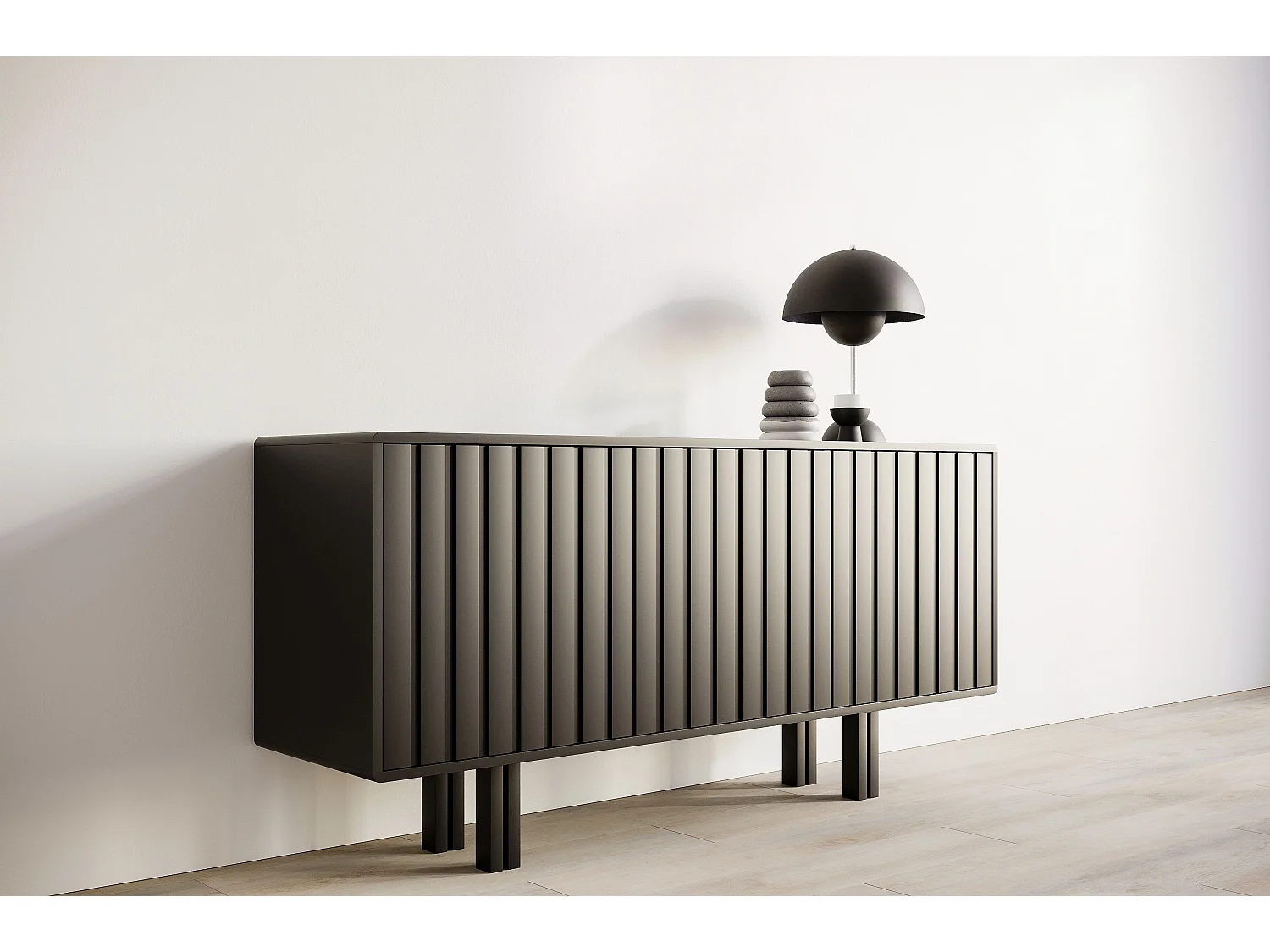Sideboard Vigge, schwarz, push-to-open system , lamellen effekt