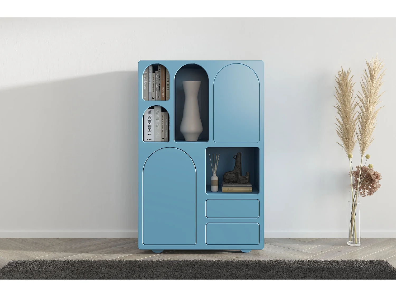 Drewniana komoda z łukami Visby OLIMPIA HIGH / niebieska