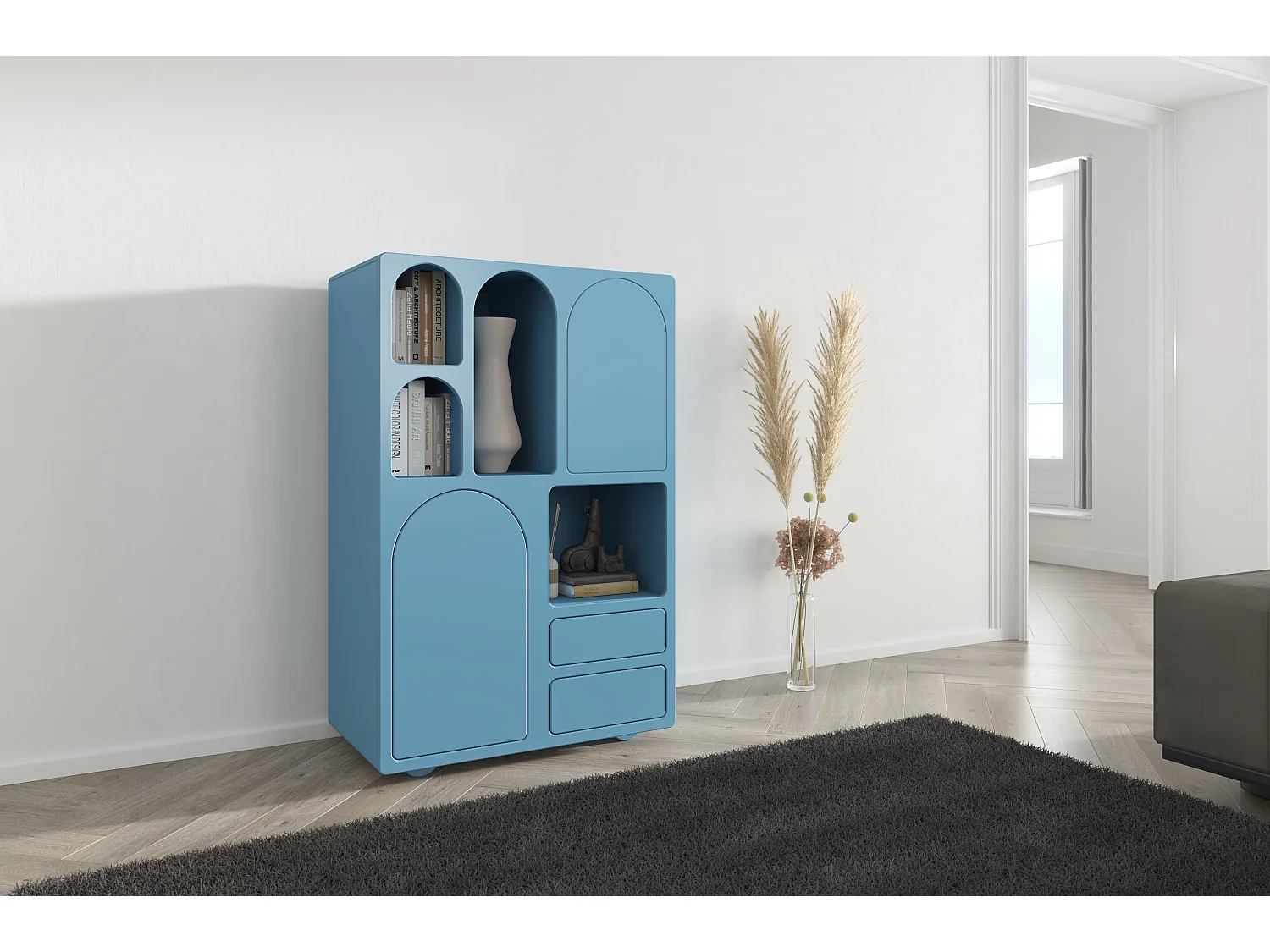 Drewniana komoda z łukami Visby OLIMPIA HIGH / niebieska