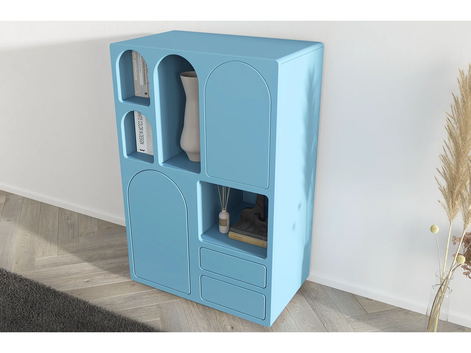 Drewniana komoda z łukami Visby OLIMPIA HIGH / niebieska