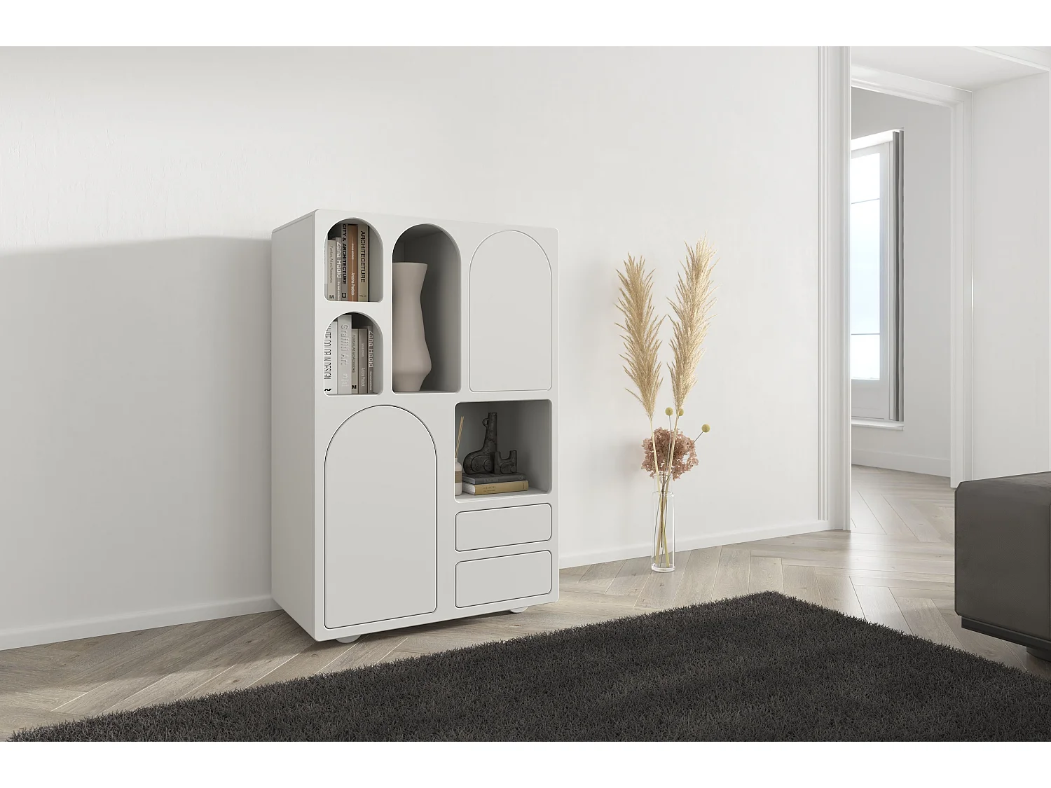 Drewniana komoda z łukami Visby OLIMPIA HIGH / mleczno-szara