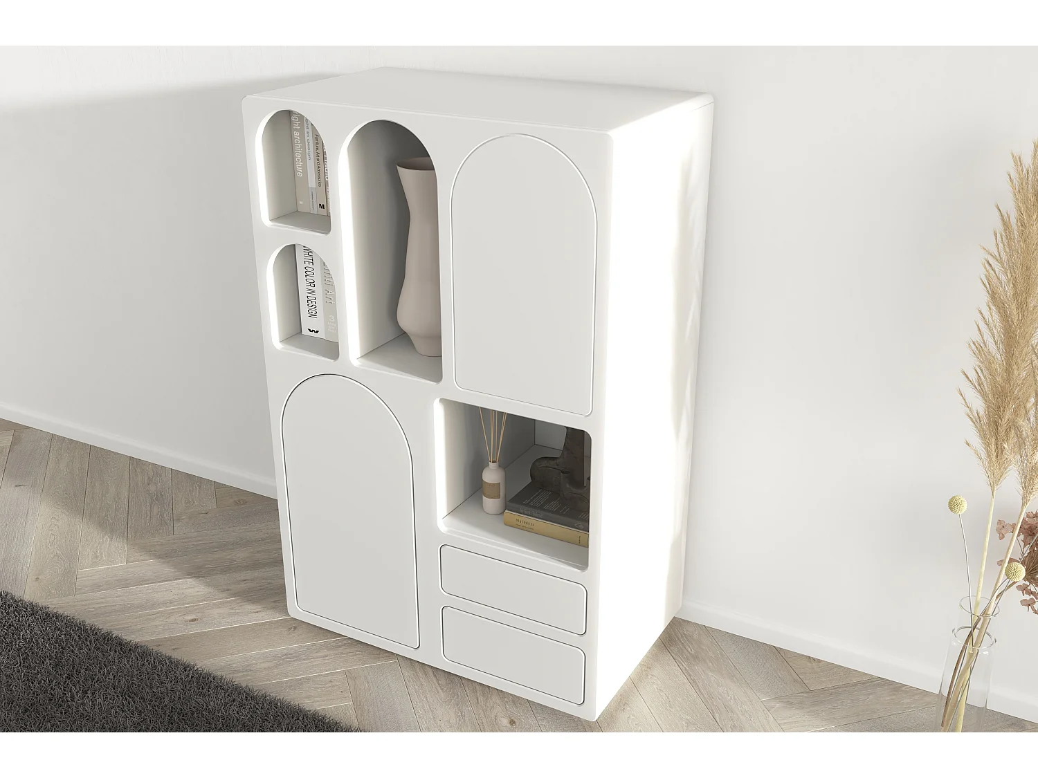 Drewniana komoda z łukami Visby OLIMPIA HIGH / mleczno-szara