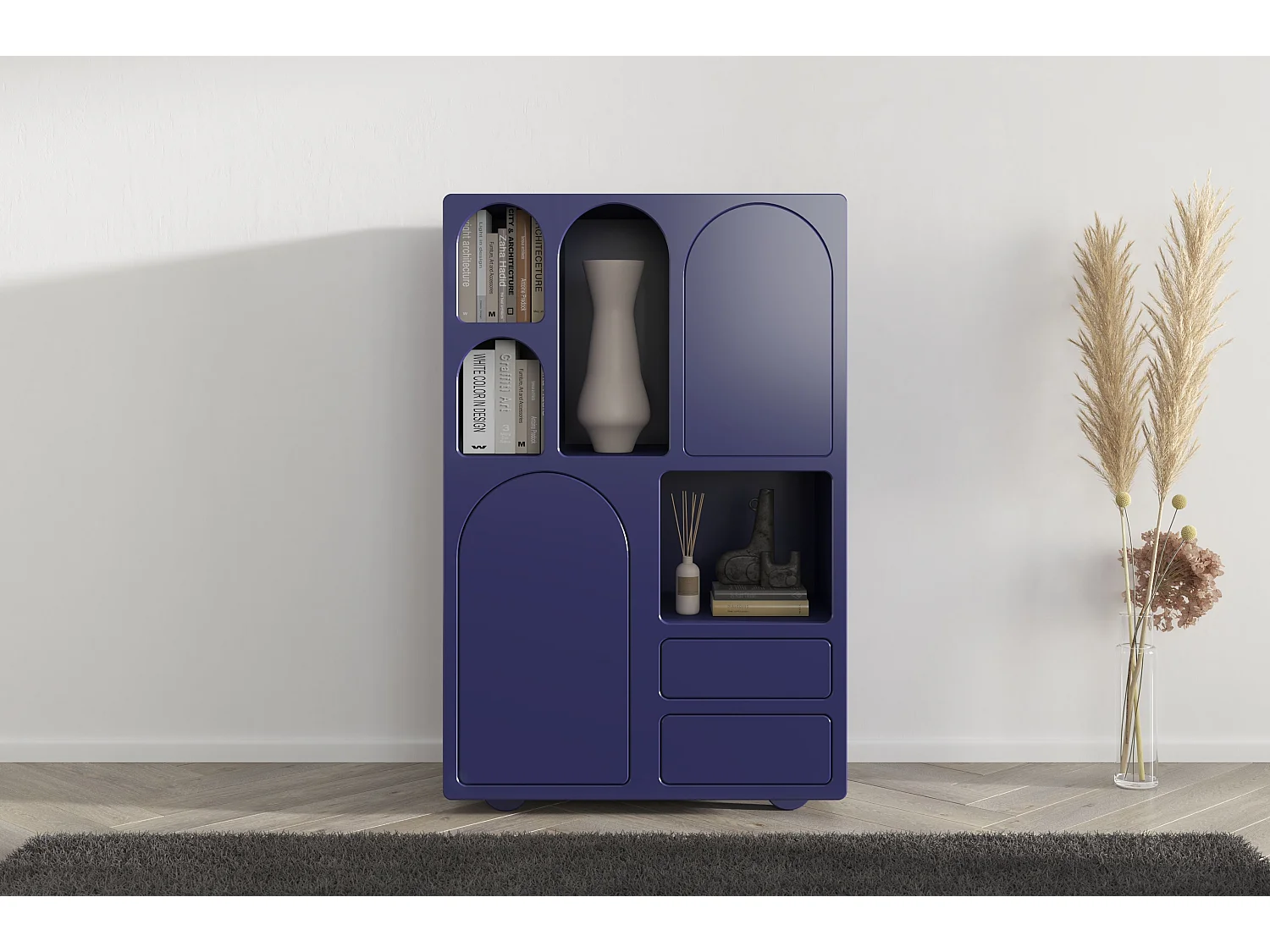 Buffet haute en bois OLIMPIA / design arches / bleu marine noble / 80 cm