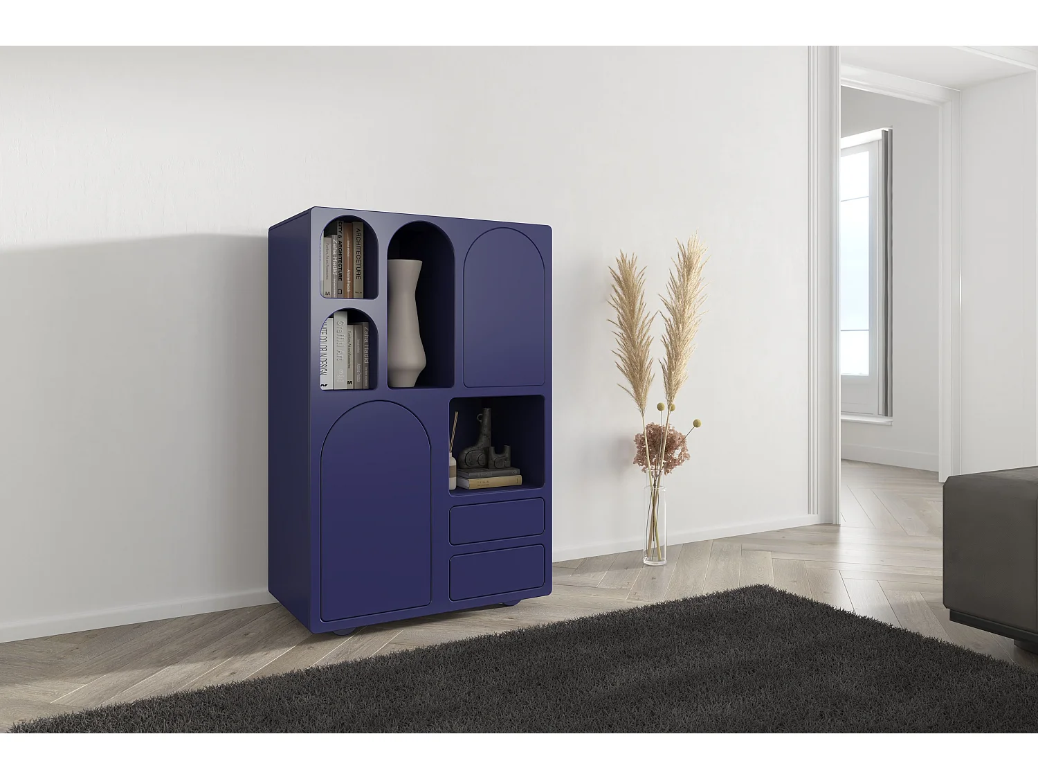 Buffet haute en bois OLIMPIA / design arches / bleu marine noble / 80 cm