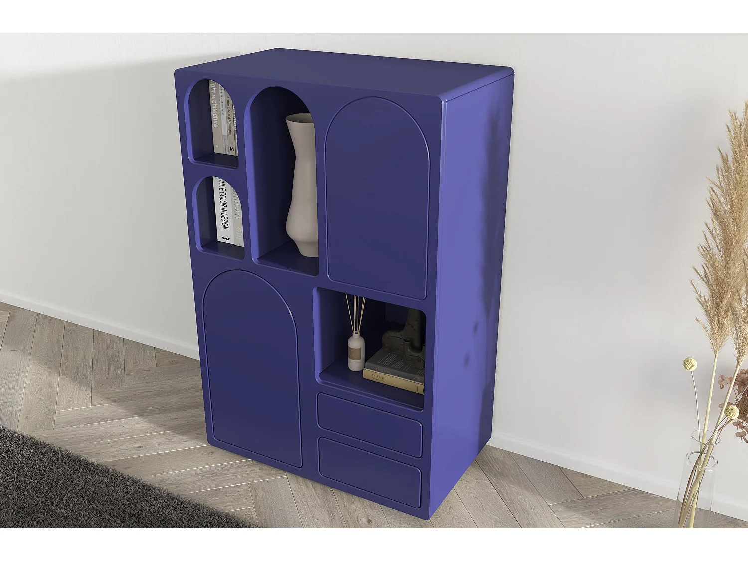 Buffet haute en bois OLIMPIA / design arches / bleu marine noble / 80 cm