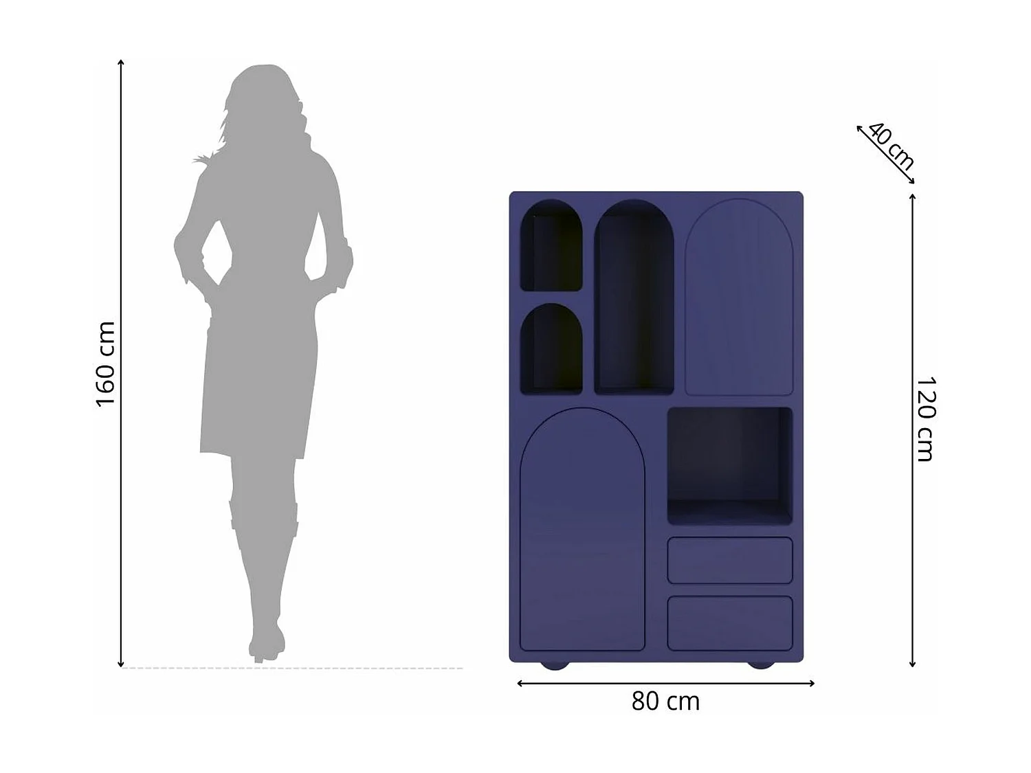 Buffet haute en bois OLIMPIA / design arches / bleu marine noble / 80 cm