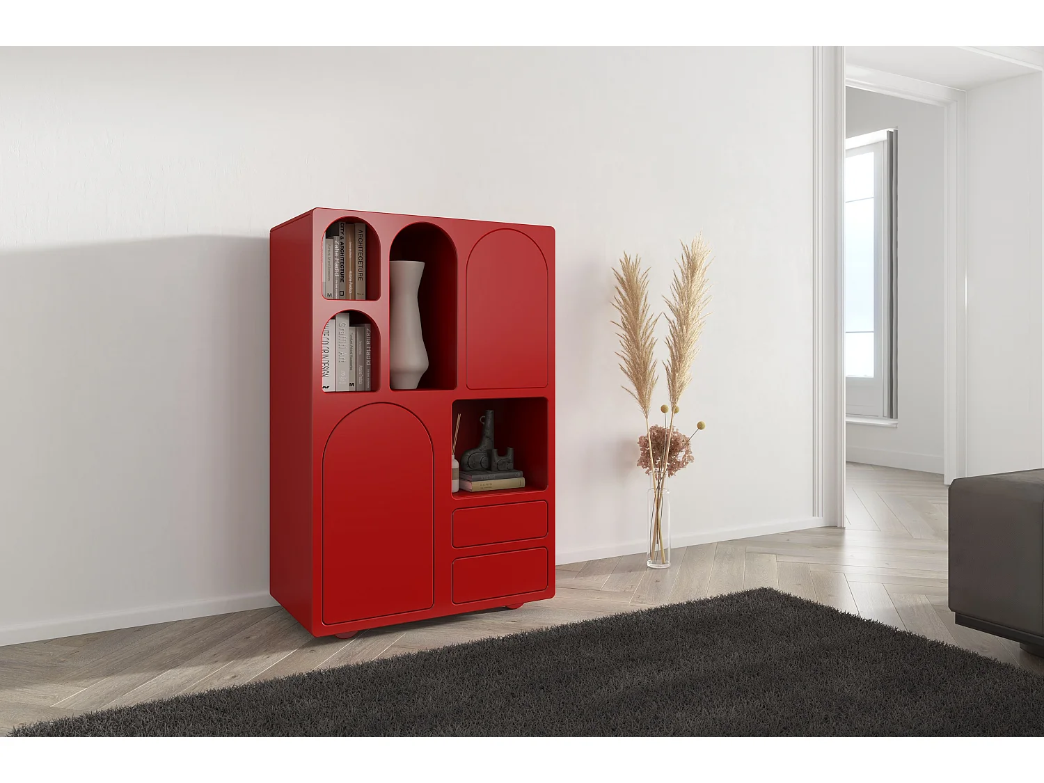 Drewniana komoda z łukami Visby OLIMPIA HIGH / bordowa