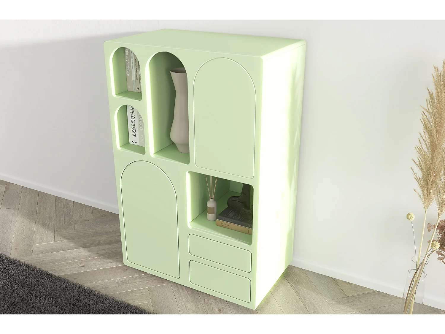 Drewniana komoda z łukami Visby OLIMPIA HIGH / zielona