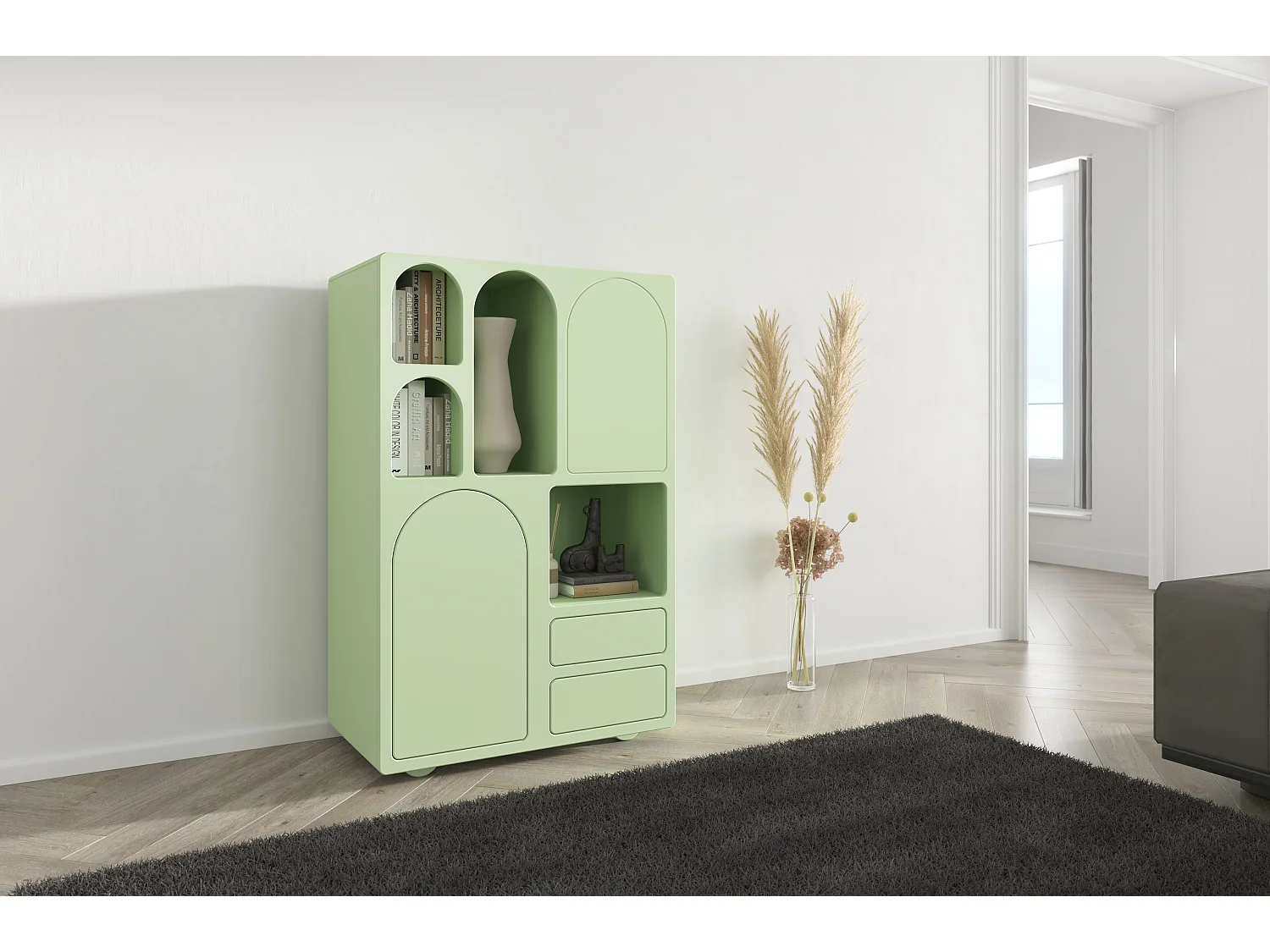 Drewniana komoda z łukami Visby OLIMPIA HIGH / zielona