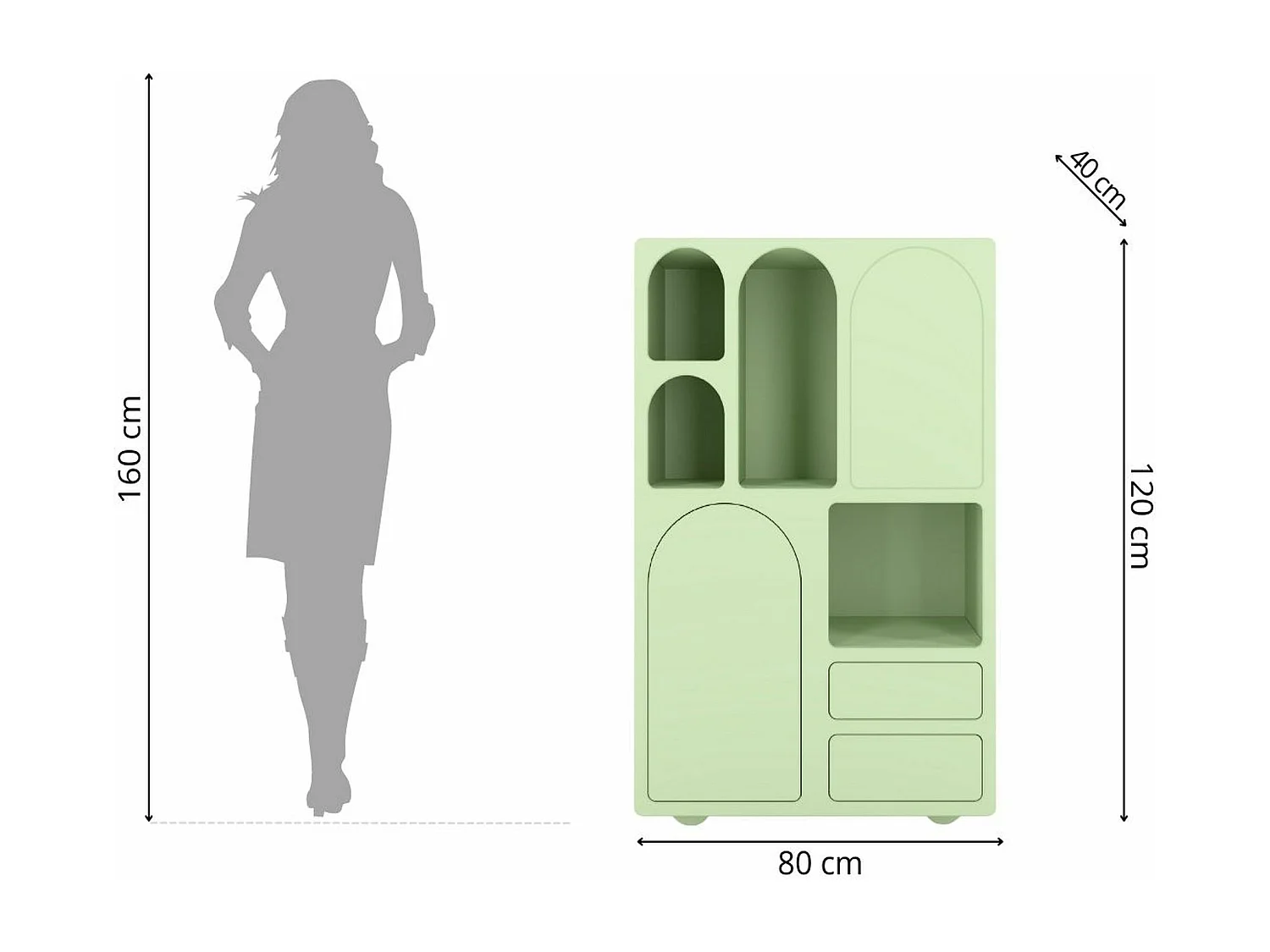 Drewniana komoda z łukami Visby OLIMPIA HIGH / zielona