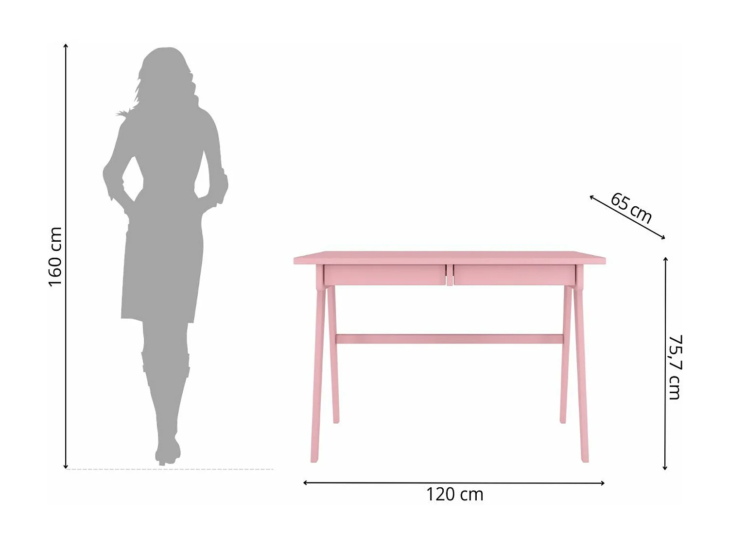 Schreibtisch Edda, 120/65/75 cm in pastellrosa, buchenholz