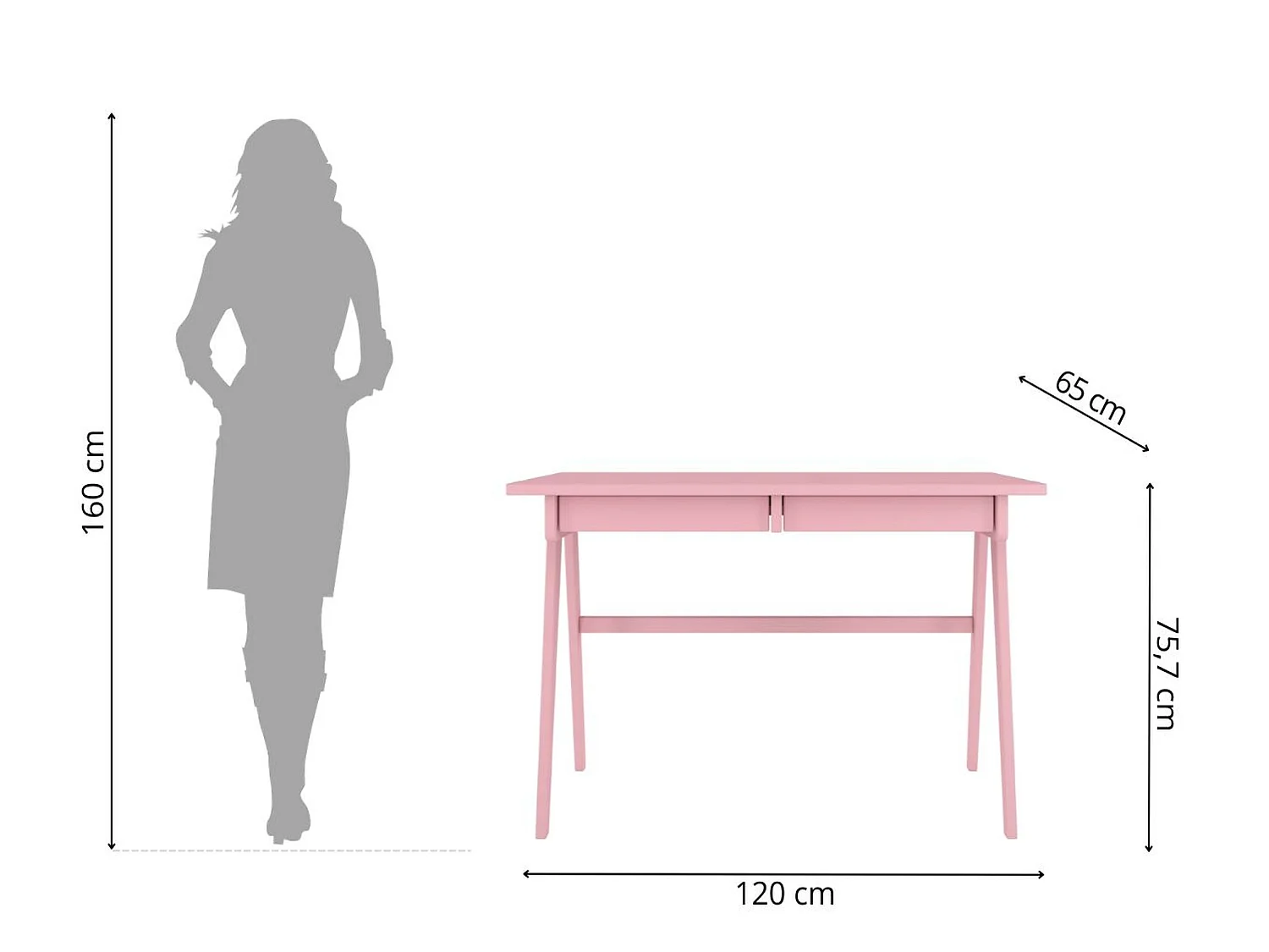 Bureau / coiffeuse en hêtre avec tiroirs EDDA / couleur rose poudré / 120 x 65 cm