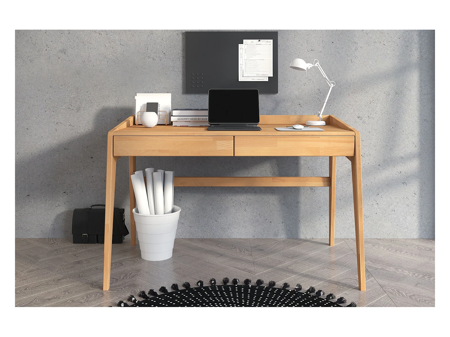 Bureau / coiffeuse en hêtre avec tiroirs LISA / couleur naturelle / 125 x 70 cm