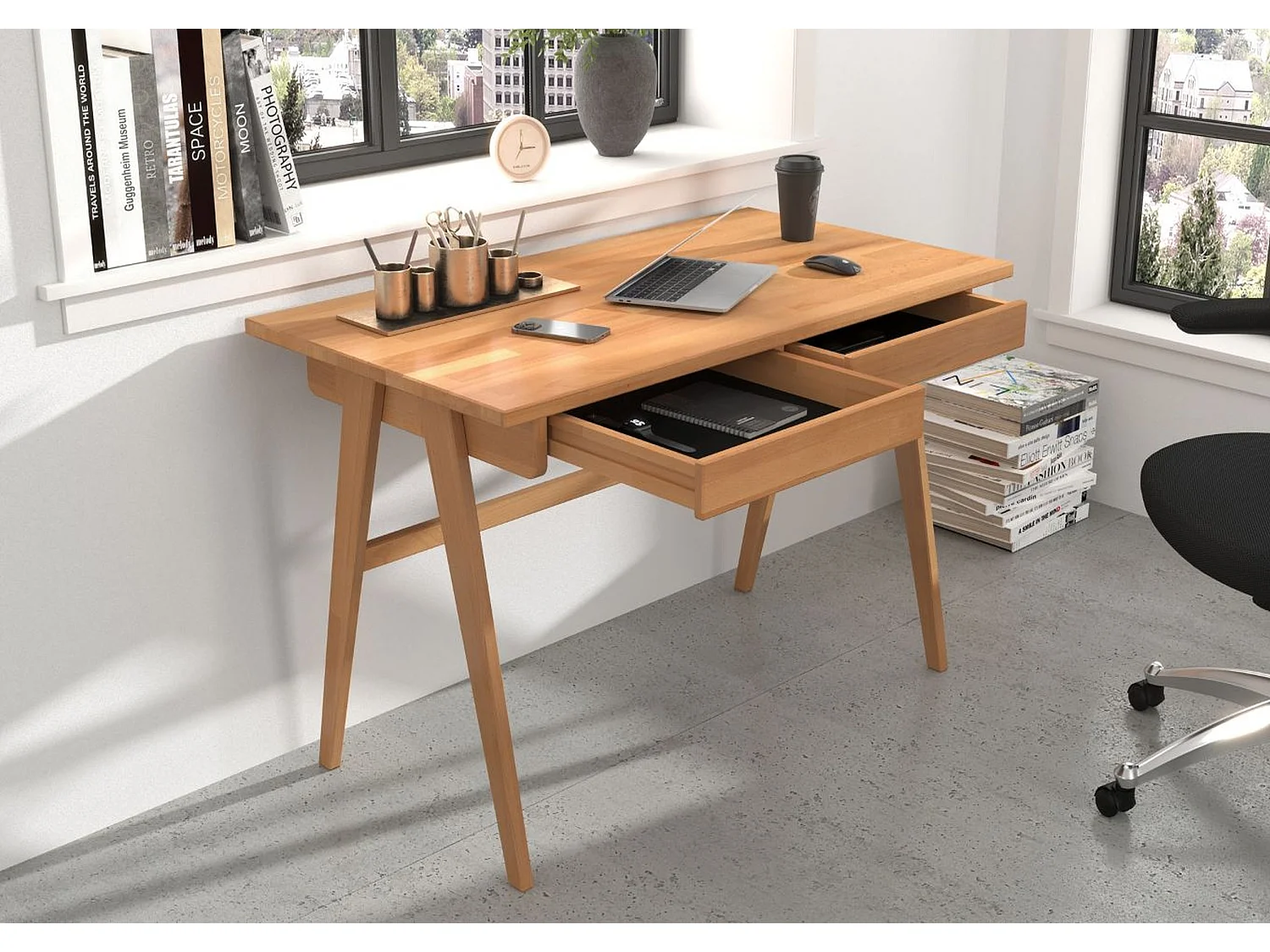 Bureau / coiffeuse en hêtre avec tiroirs EDDA / couleur naturelle / 120 x 65 cm