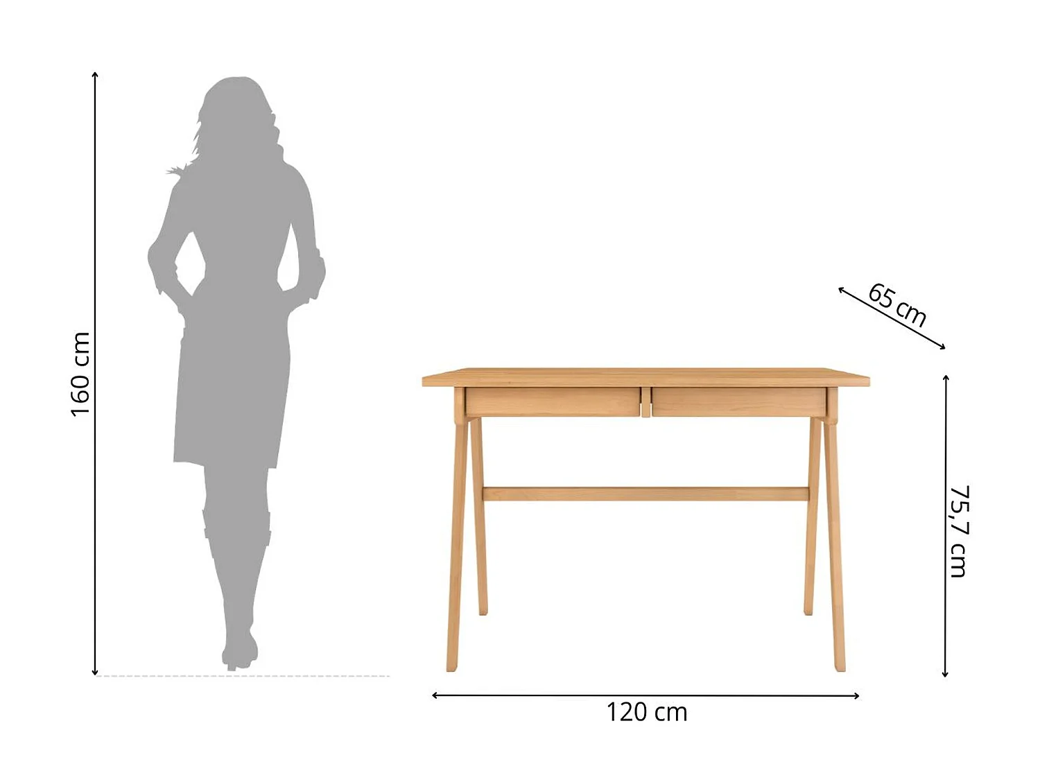 Bureau / coiffeuse en hêtre avec tiroirs EDDA / couleur naturelle / 120 x 65 cm
