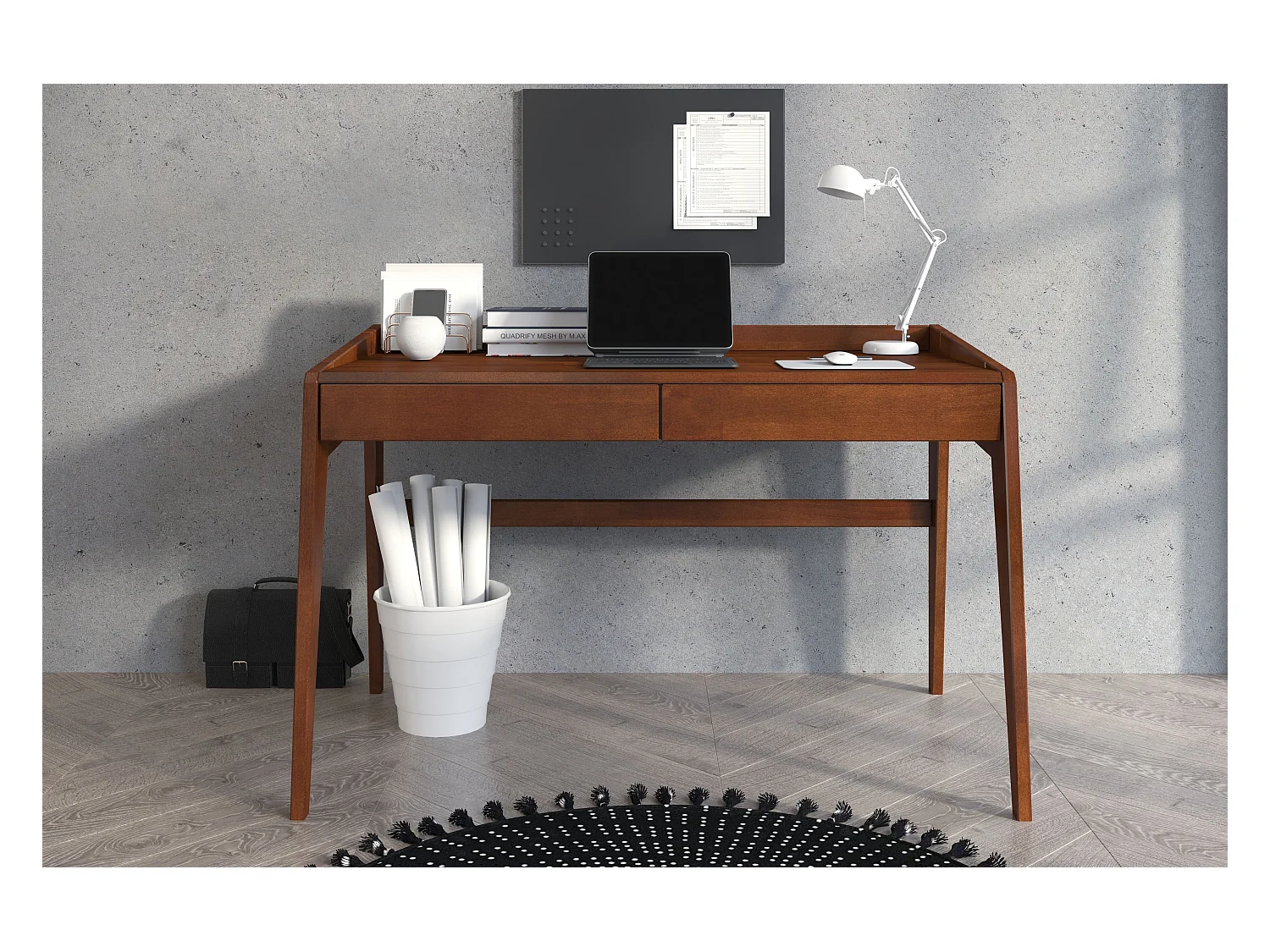 Bureau / coiffeuse en hêtre avec tiroirs LISA / couleur noyer / 125 x 70 cm