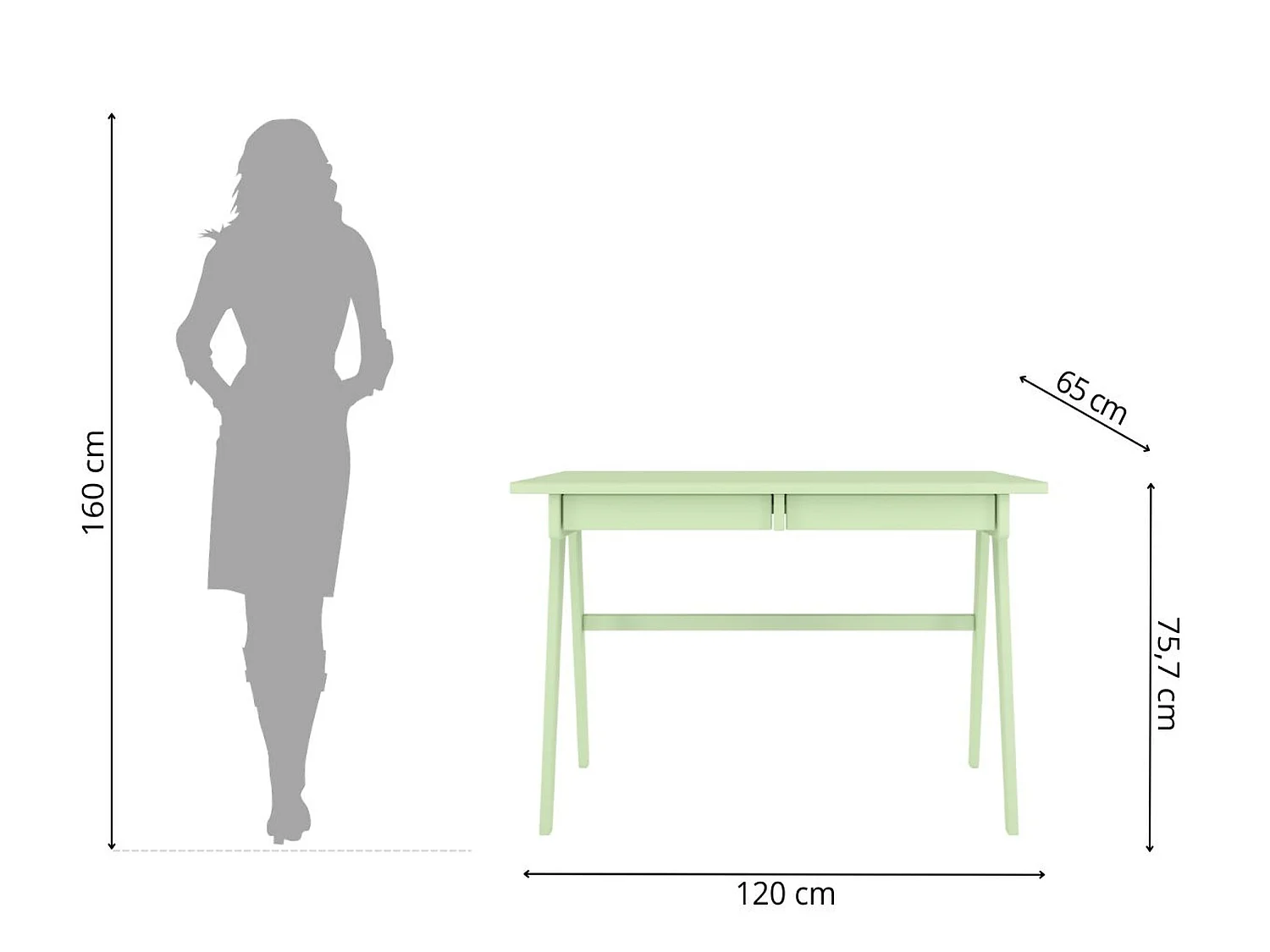 Bureau / coiffeuse en hêtre avec tiroirs EDDA / couleur vert poudré / 120 x 65 cm