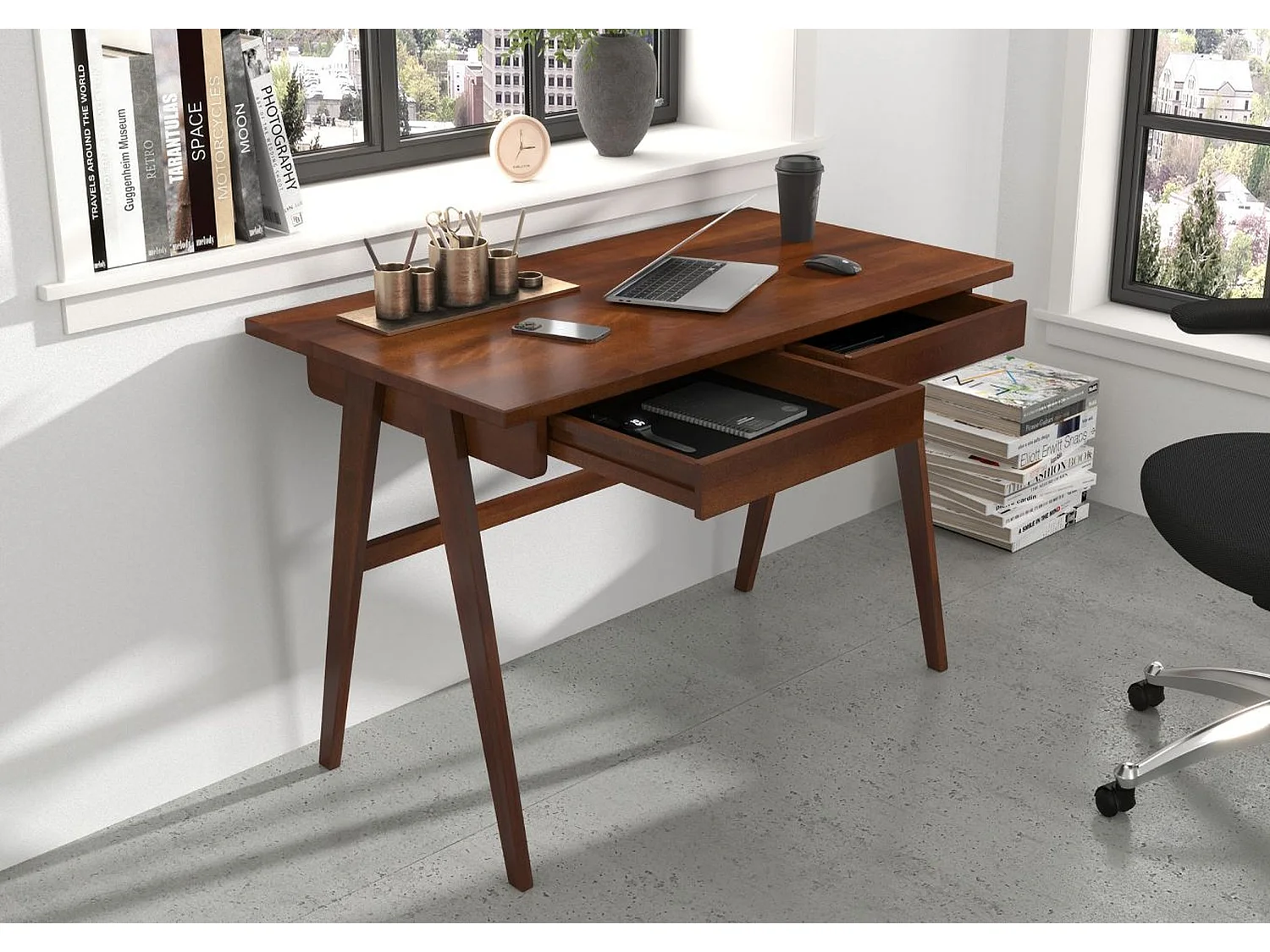 Drewniane bukowe biurko z szufladami Visby EDDA / orzech