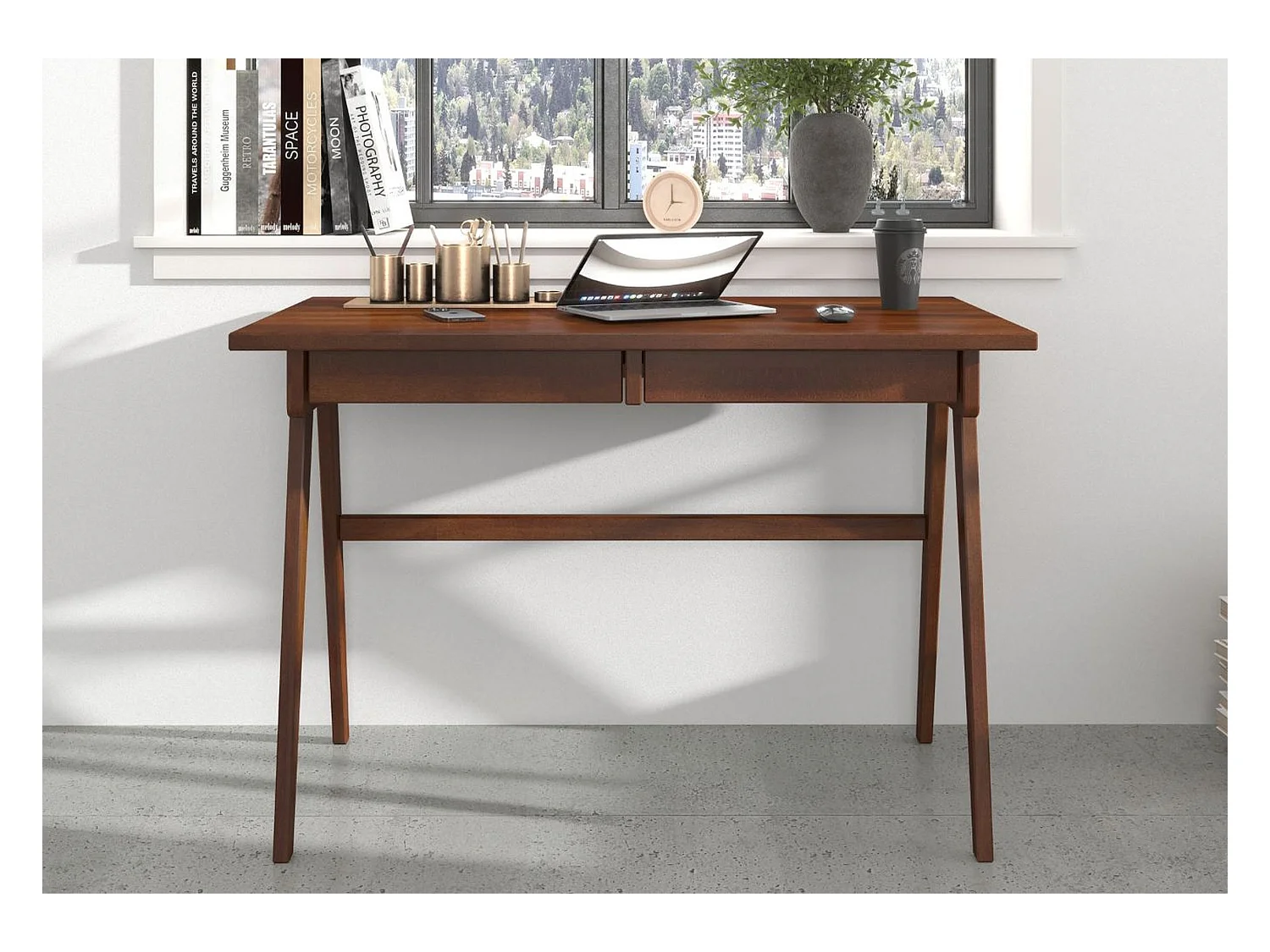 Bureau / coiffeuse en hêtre avec tiroirs EDDA / couleur noyer / 120 x 65 cm