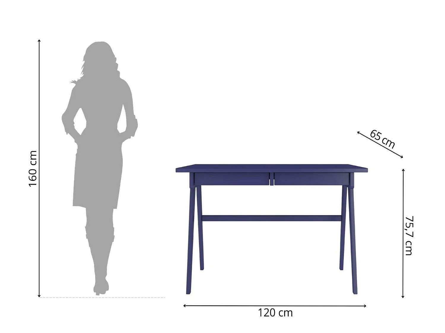 Bureau / coiffeuse en hêtre avec tiroirs EDDA / couleur bleu marine noble / 120 x 65 cm