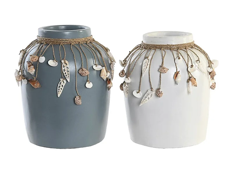 Jarrón DKD Home Decor Azul Blanco Bambú Conchas 20 x 20 x 26 cm (2 Unidades)