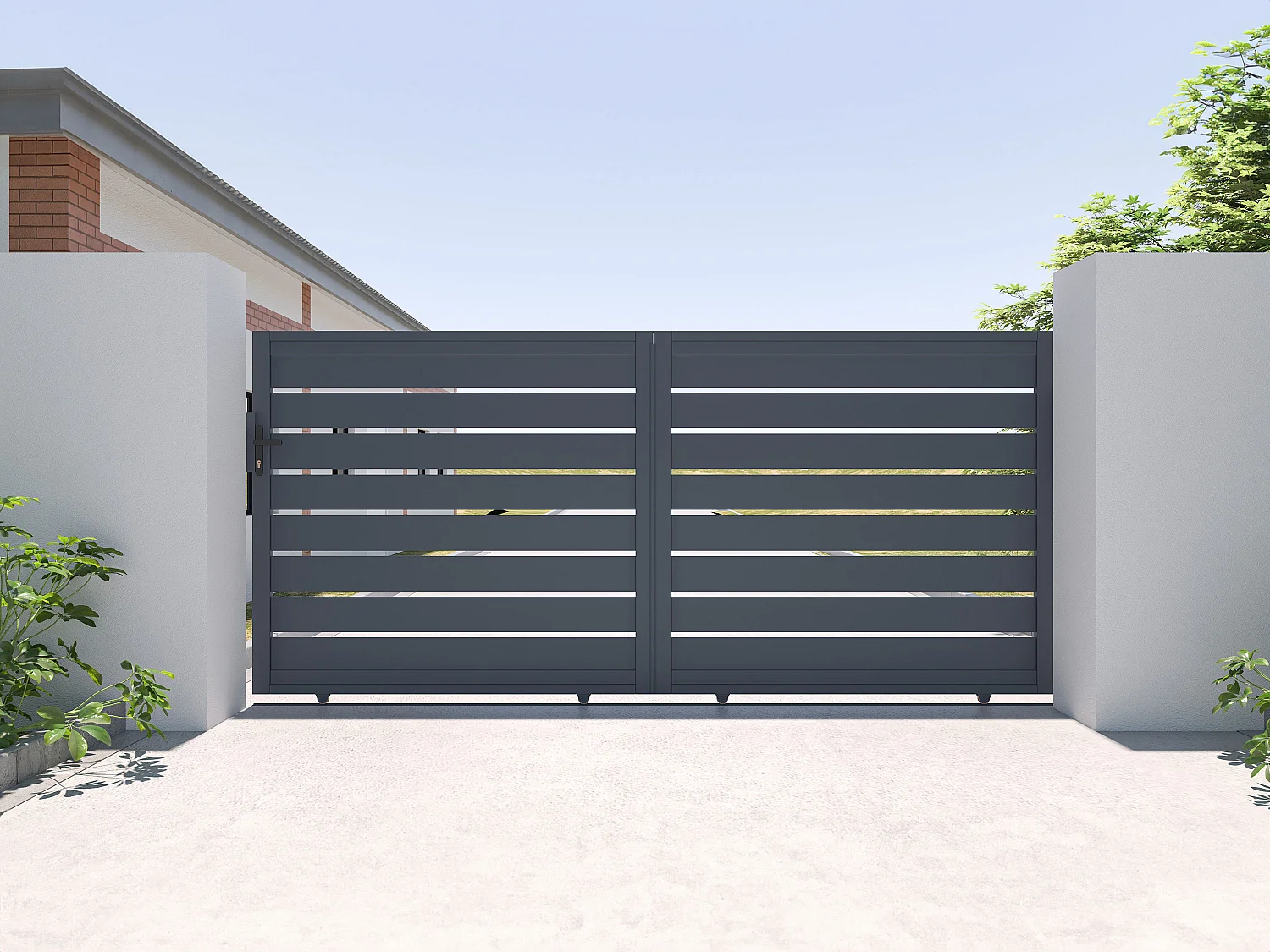 Elektrische schuifpoort in opengewerkt aluminium L374 x H165 cm donkergrijs - PRIMO