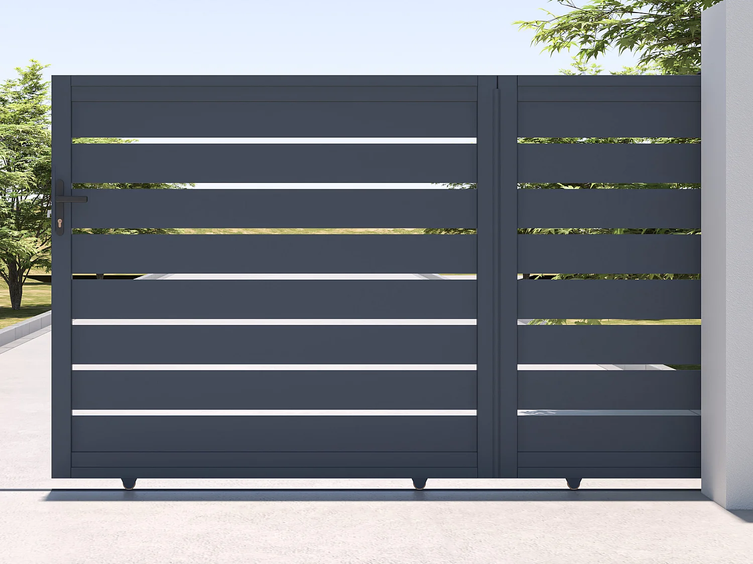 Elektrische schuifpoort in opengewerkt aluminium L374 x H165 cm donkergrijs - PRIMO