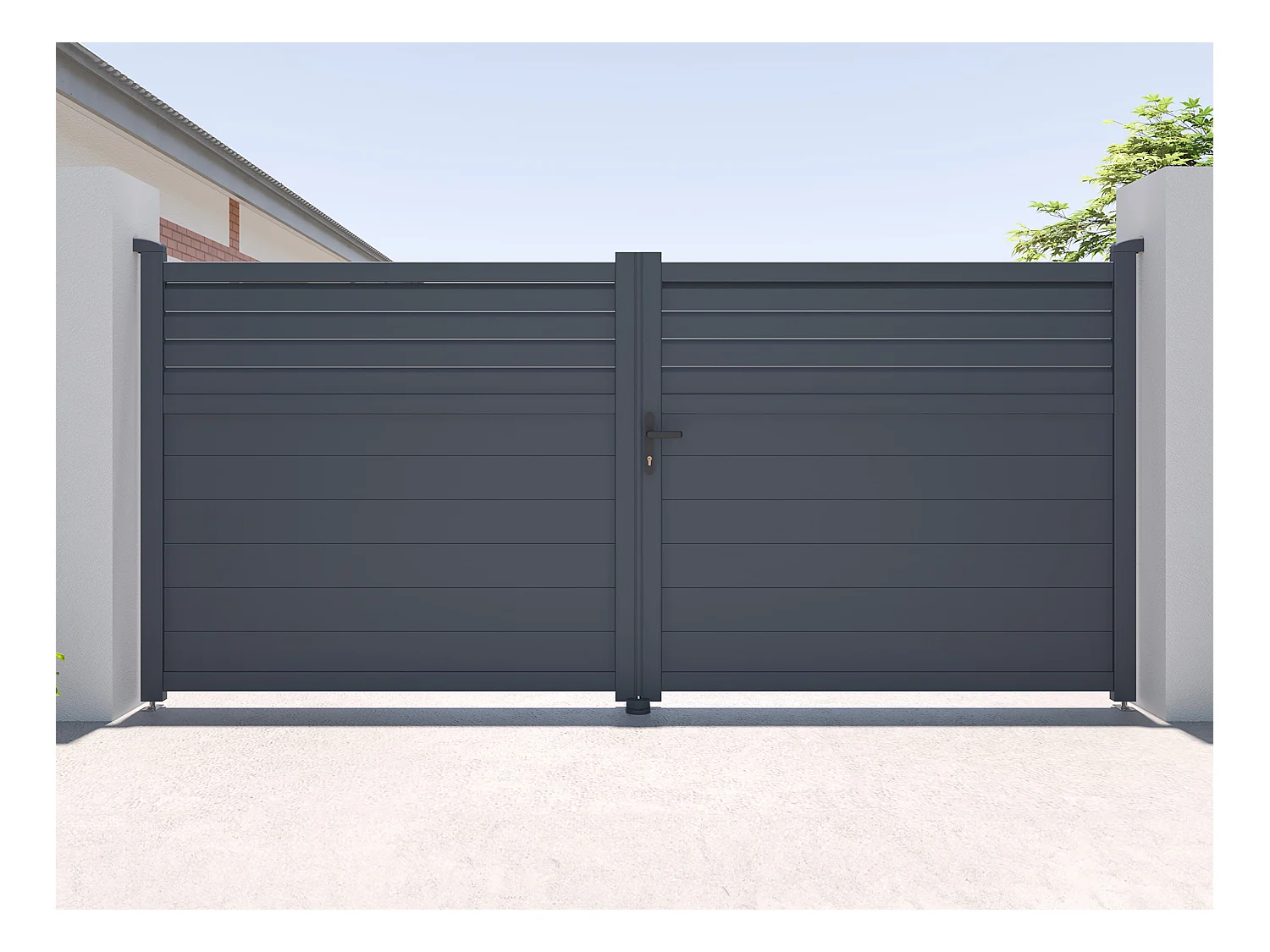 Portail électrique battant aluminium persienné L355 x H166 cm anthracite - VIAZO