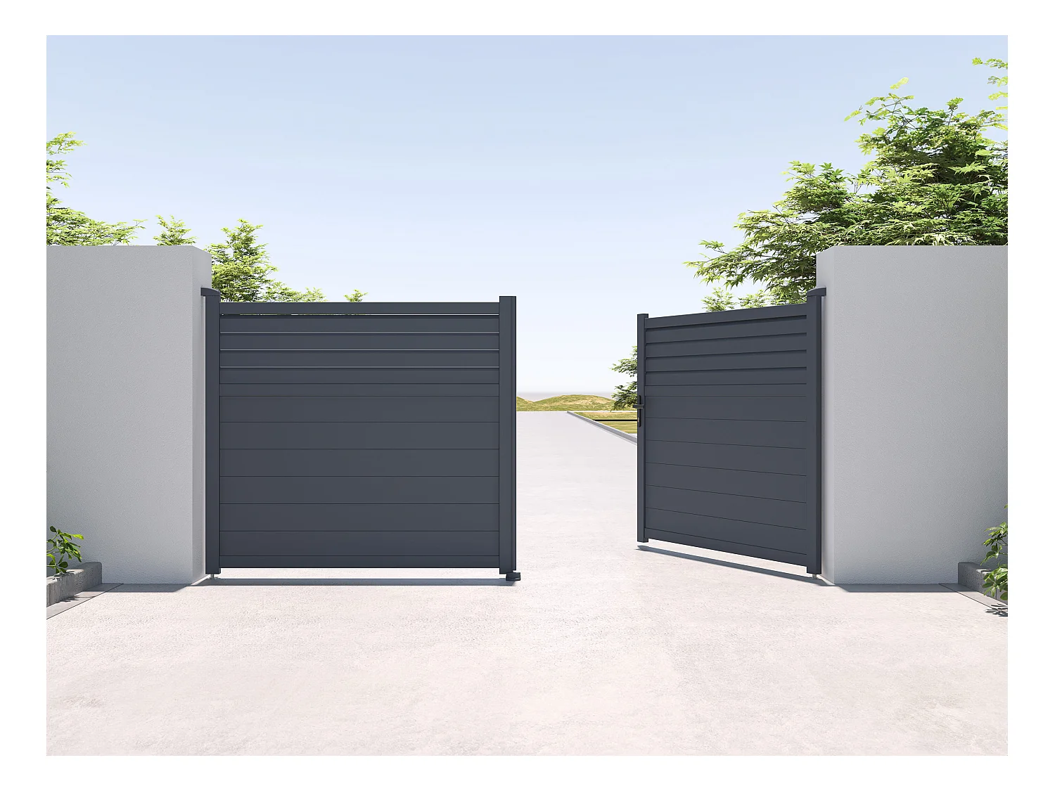 Elektrische vleugelpoort in aluminium met jaloezievorm L355 x H166 cm donkergrijs - VIAZO