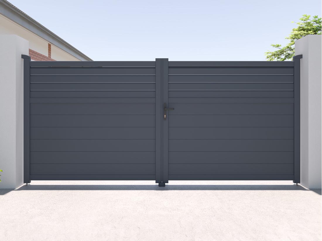 vente unique Portail électrique battant aluminium persienné L355 x H166 cm anthracite - VIAZO