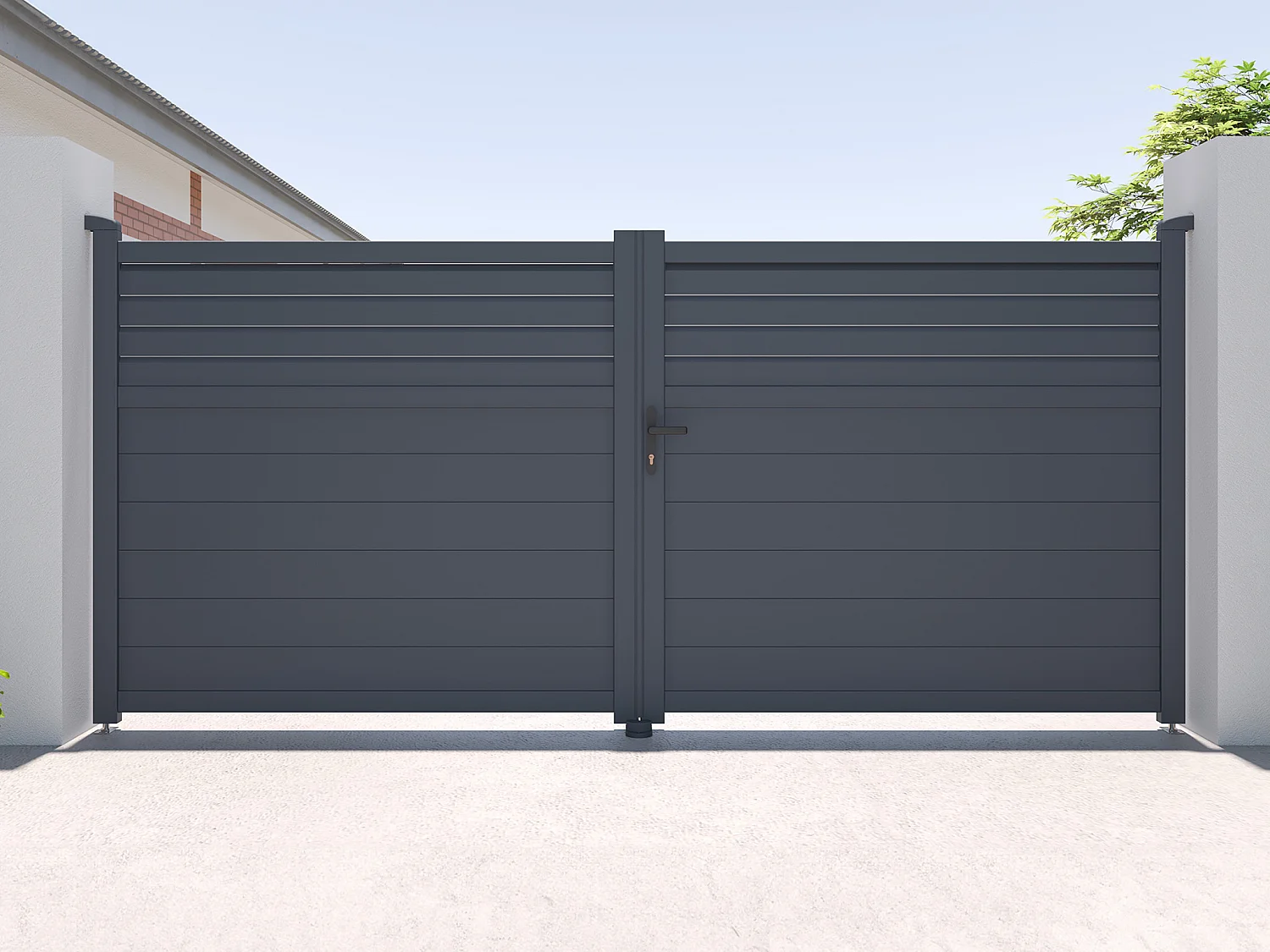 Portail électrique battant aluminium persienné L355 x H166 cm anthracite - VIAZO