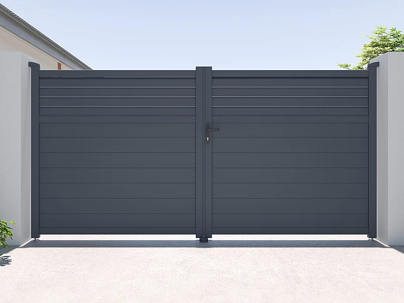 Cancello elettrico a battente L355 x H181 cm Alluminio a persiana Antracite  - VIAZO