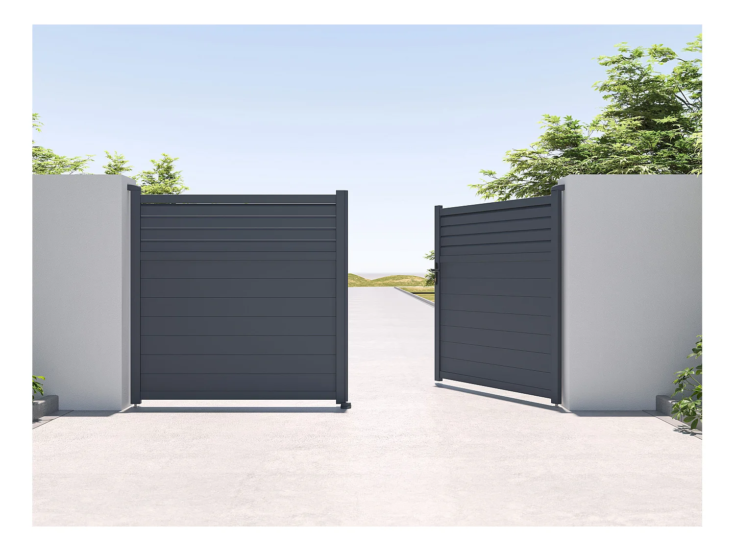 Elektrisk slagport i aluminium persienneutførelse L355 x H181 cm antrasittgrå - VIAZO